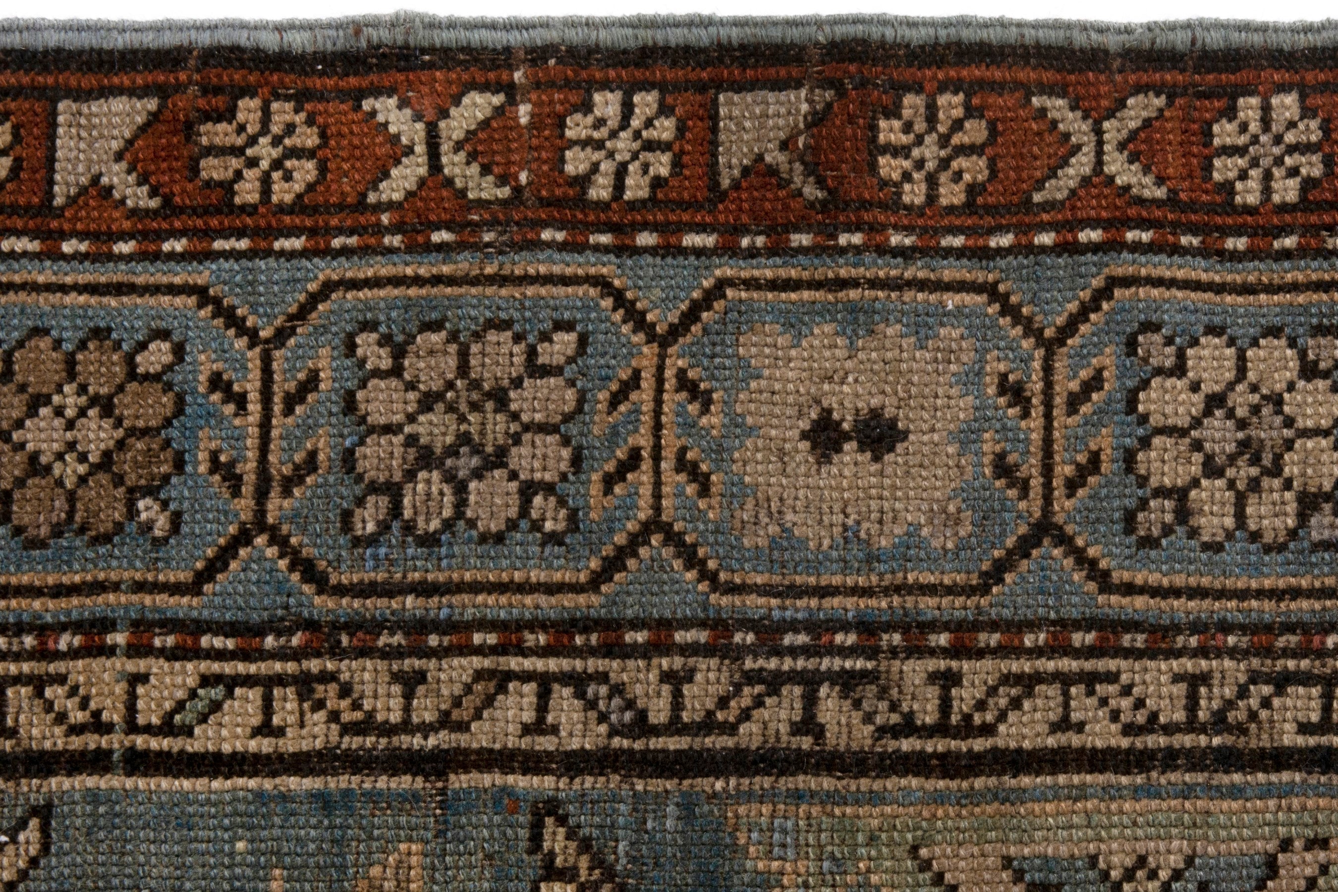 Persian Shiraz area rug in slate blue and brick, view 12 of 20
