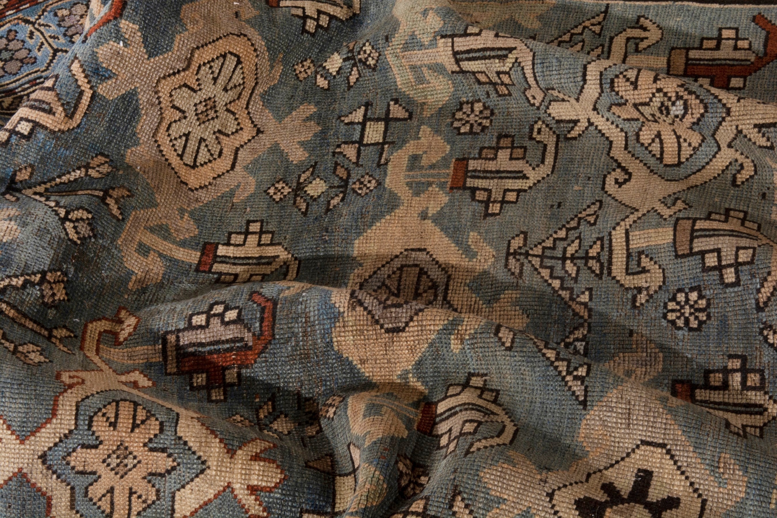 Persian Shiraz area rug in slate blue and brick, view 18 of 20