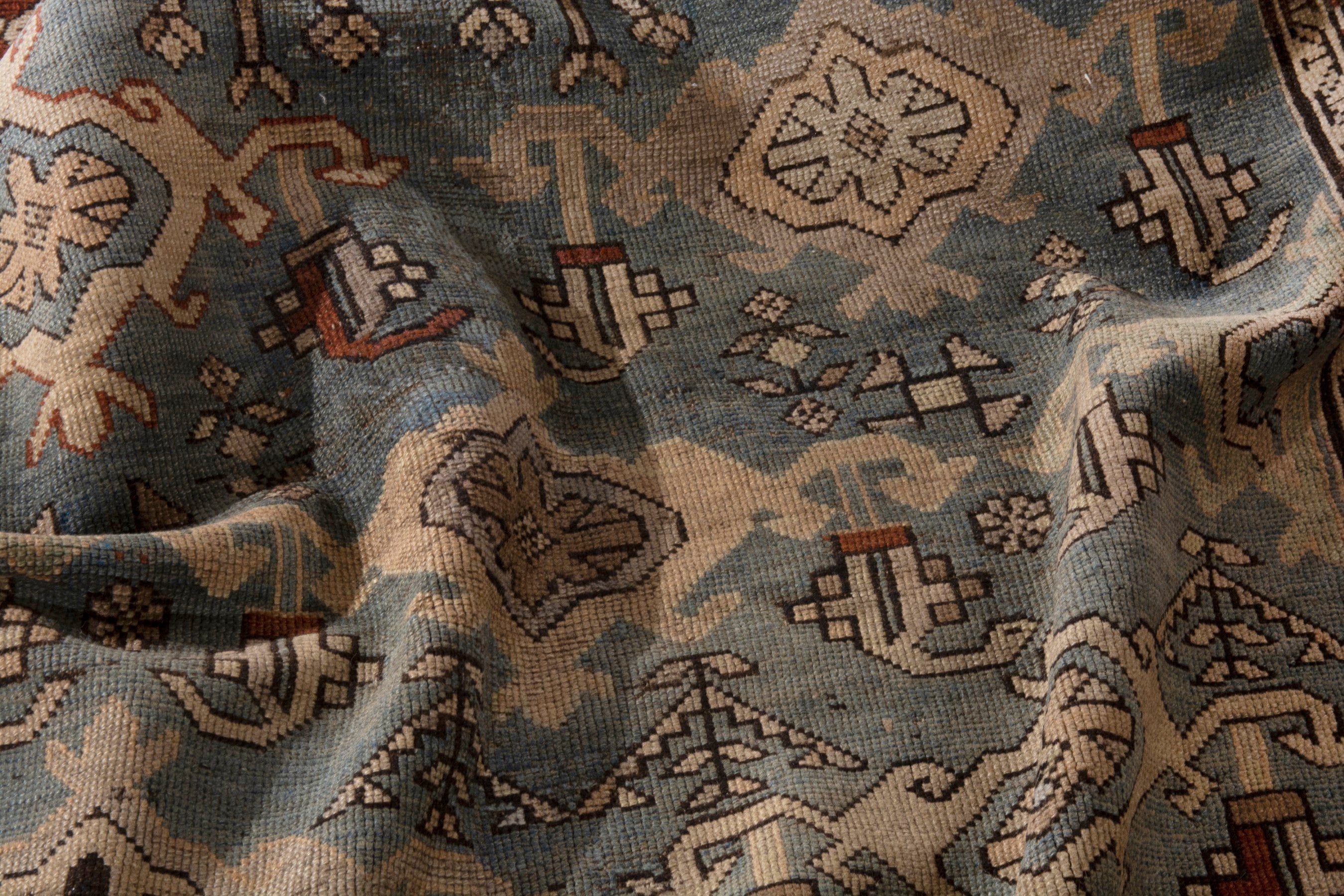 Persian Shiraz area rug in slate blue and brick, view 19 of 20