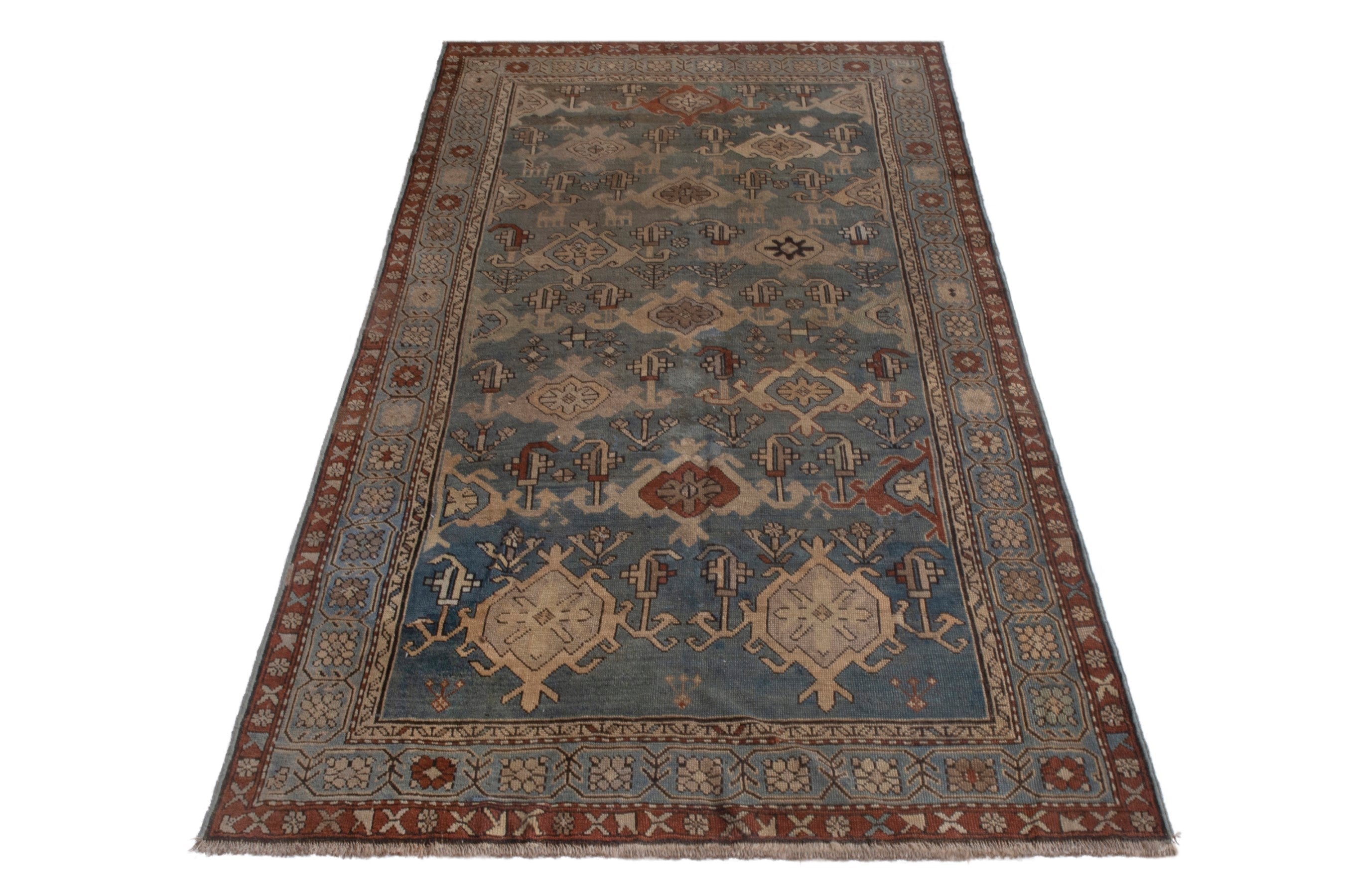 Persian Shiraz area rug in slate blue and brick, view 3 of 20