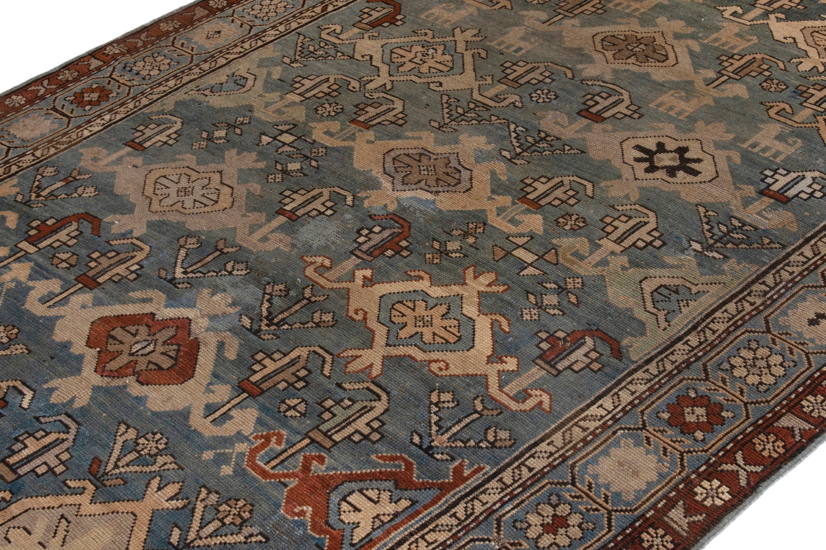 Persian Shiraz area rug in slate blue and brick, view 6 of 20