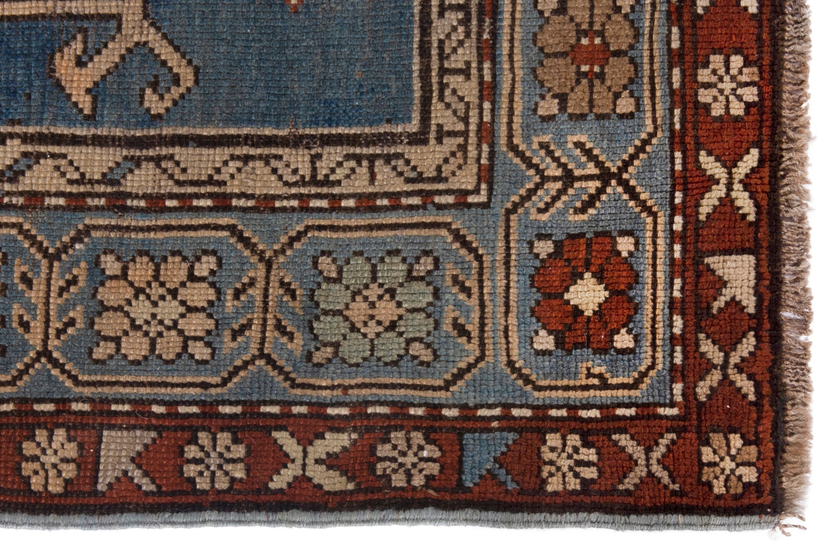Persian Shiraz area rug in slate blue and brick, view 5 of 20