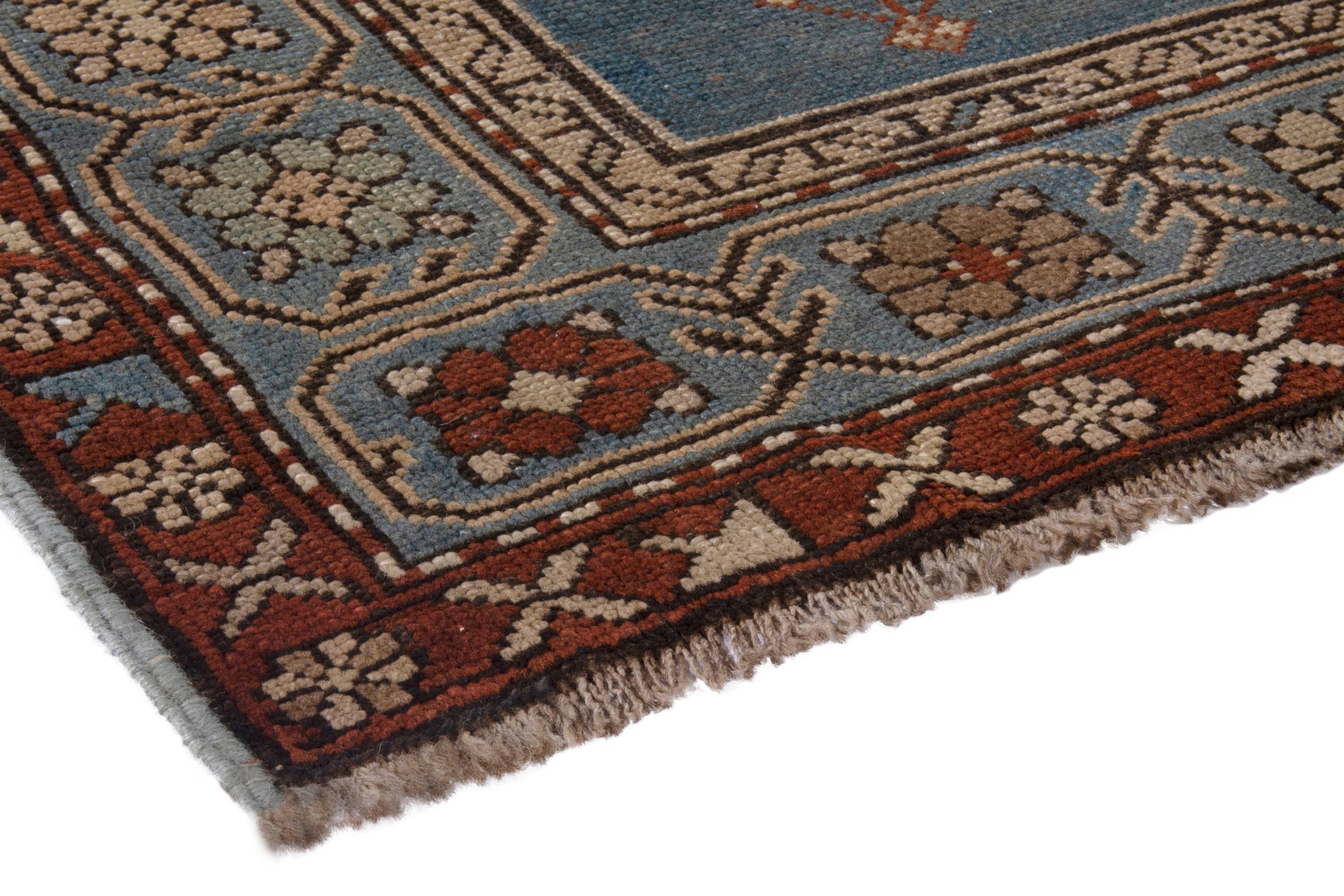 Persian Shiraz area rug in slate blue and brick, view 4 of 20