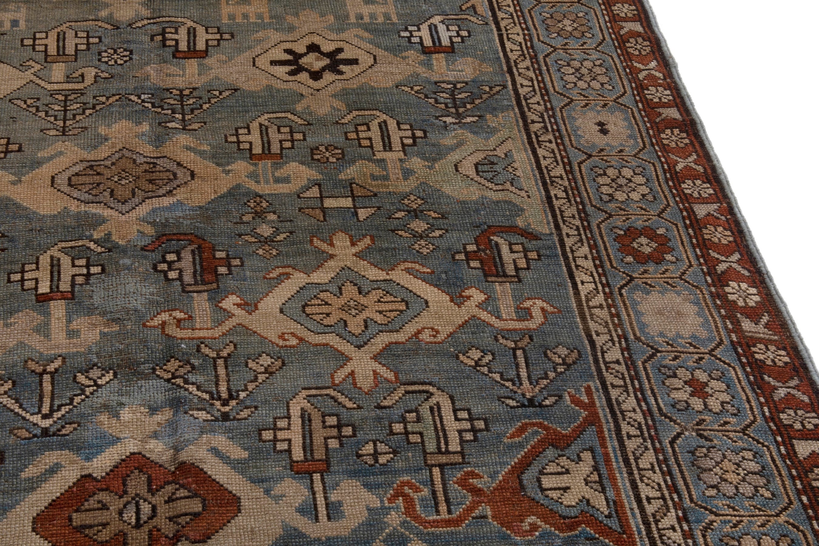 Persian Shiraz area rug in slate blue and brick, view 7 of 20
