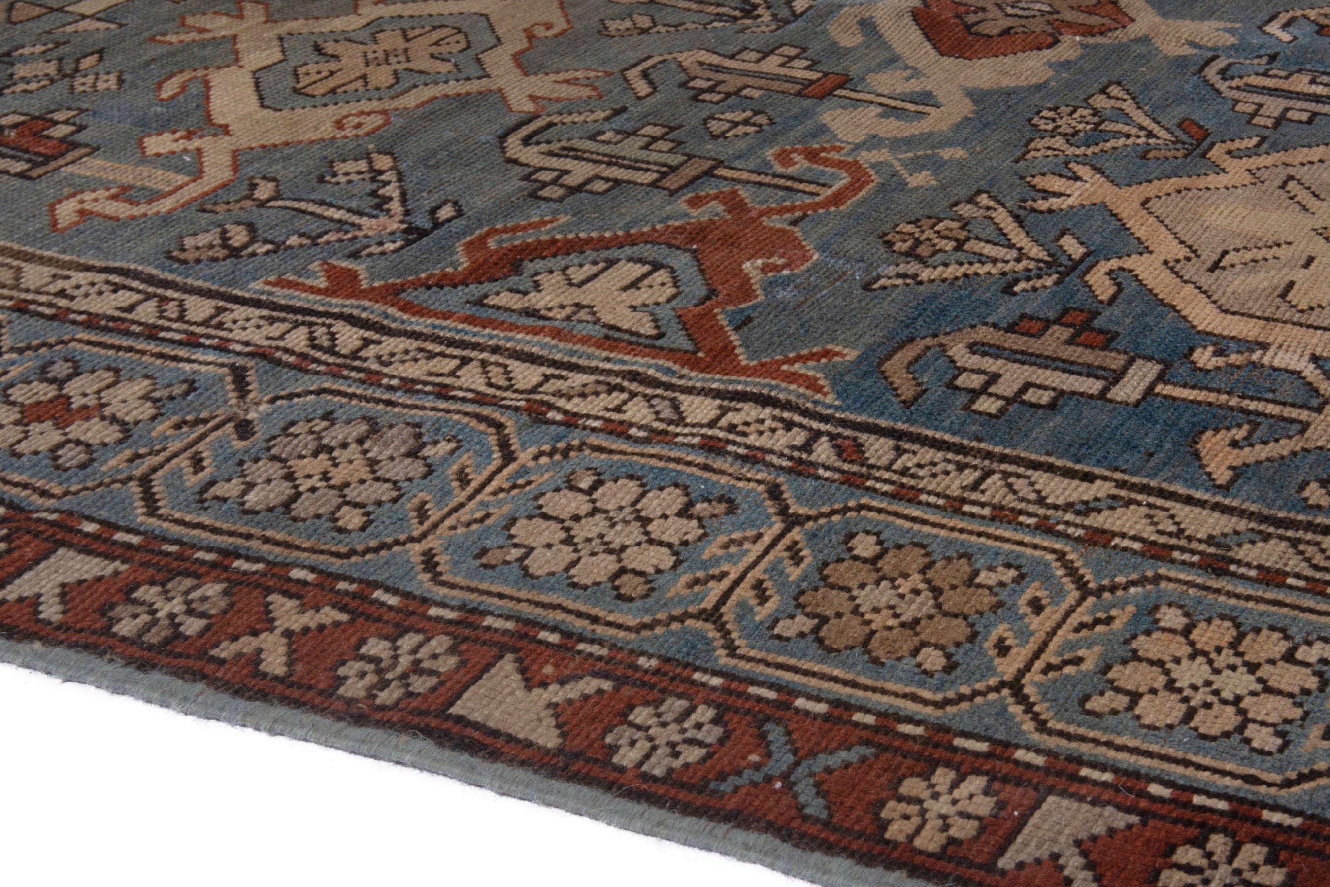 Persian Shiraz area rug in slate blue and brick, view 8 of 20