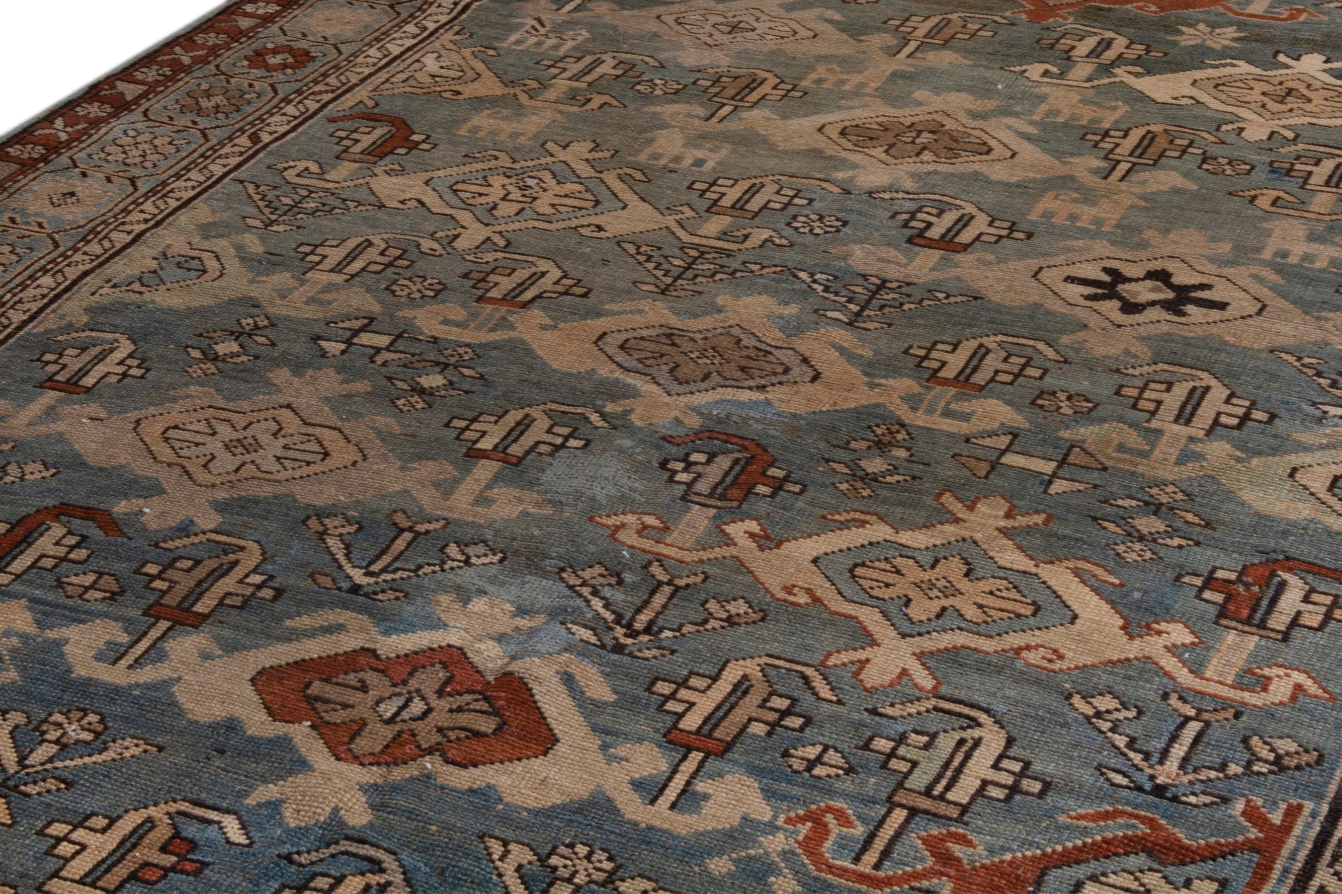 Persian Shiraz area rug in slate blue and brick, view 9 of 20