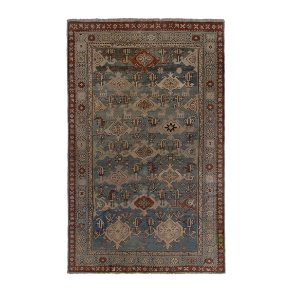 Persian Shiraz area rug in slate blue and brick, 5'3" x 8'8"