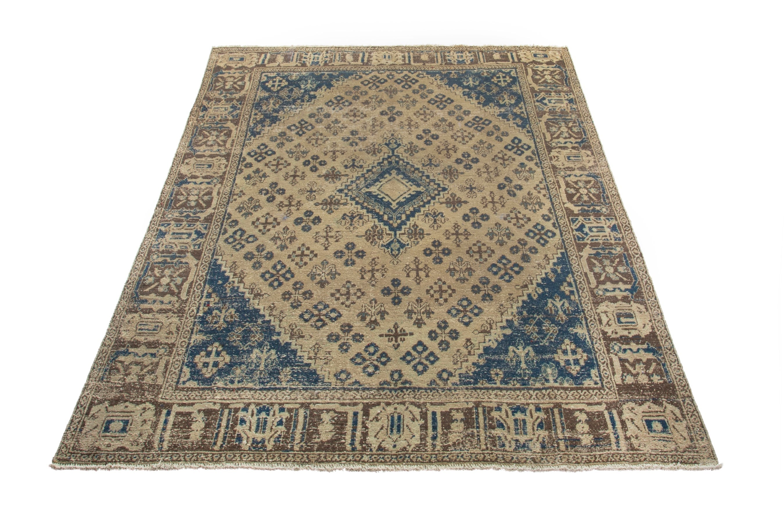 Persian Hamedan area rug in cream and navy, view 2 of 21