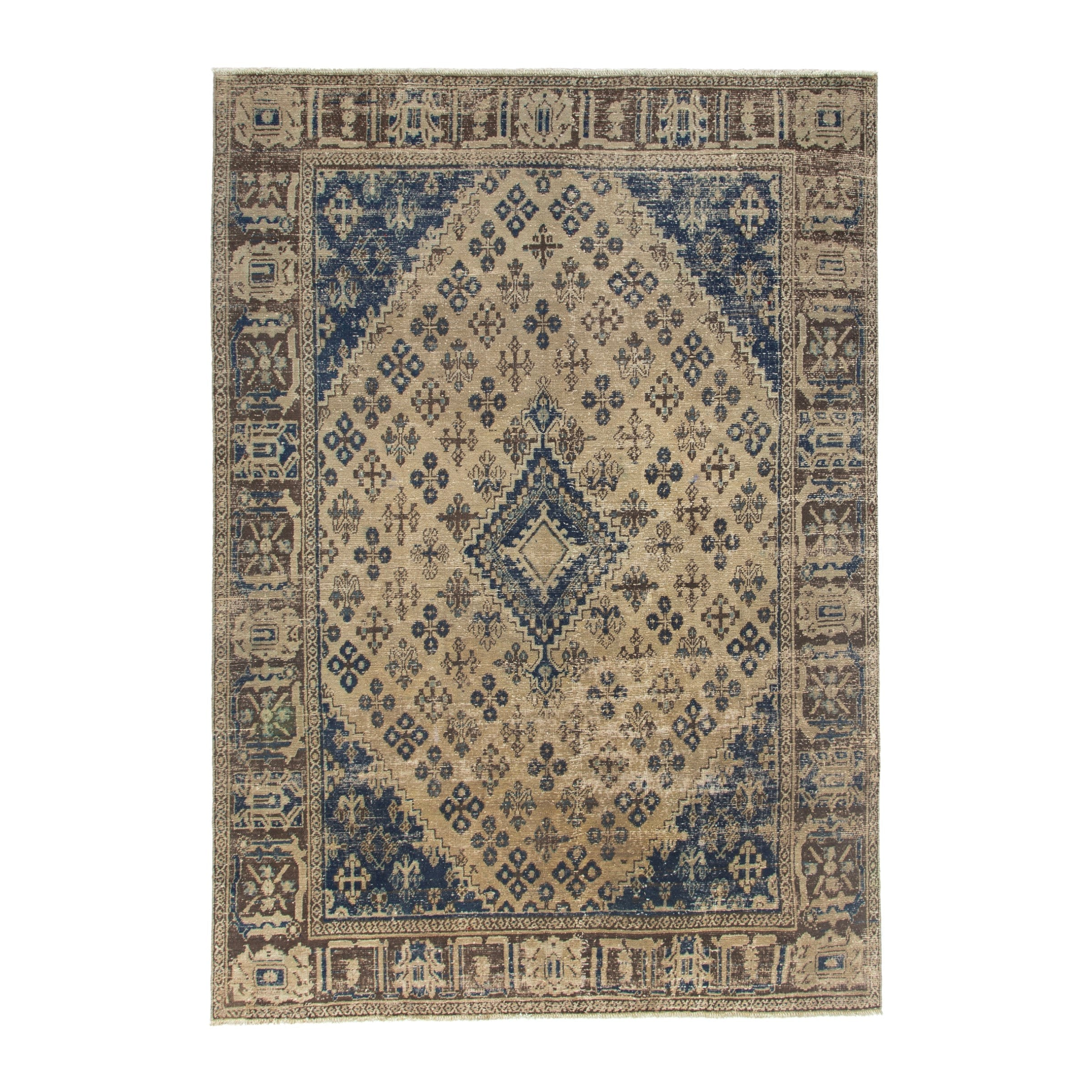 Persian Hamedan area rug in cream and navy, 7'5" x 10'5"