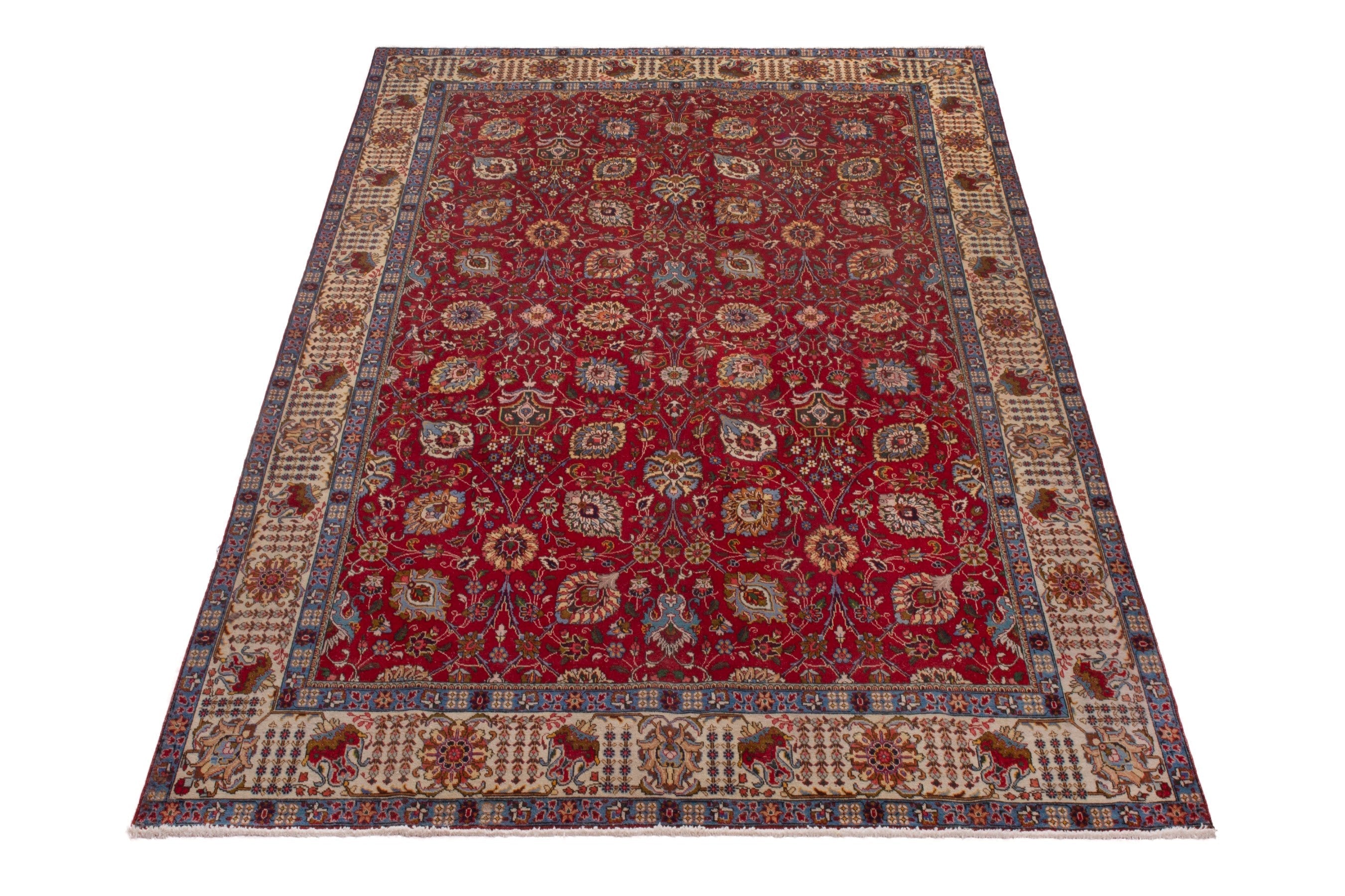 Persian Tabriz oversized rug in deep red and cream, view 2 of 20