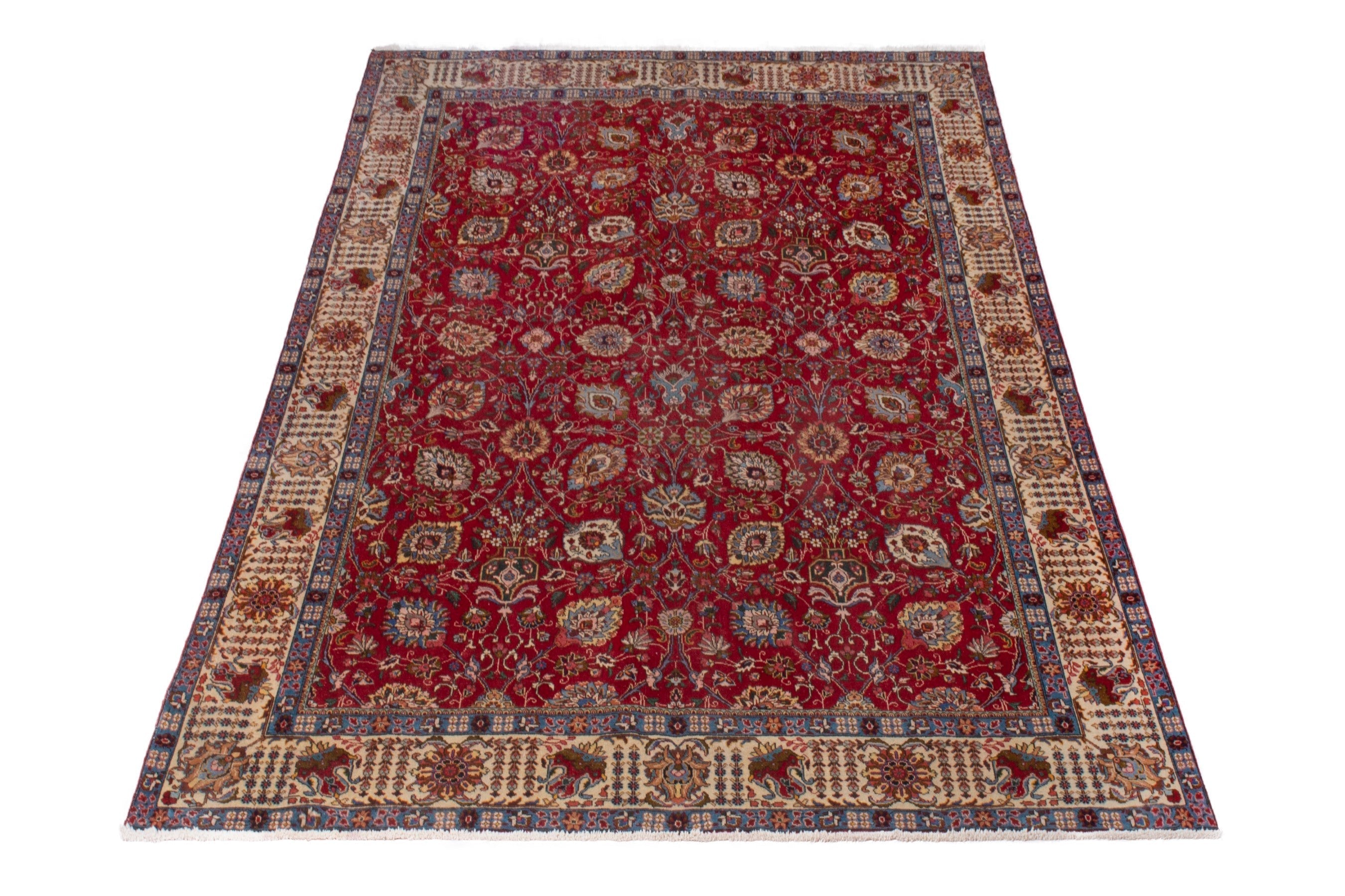 Persian Tabriz oversized rug in deep red and cream, view 3 of 20