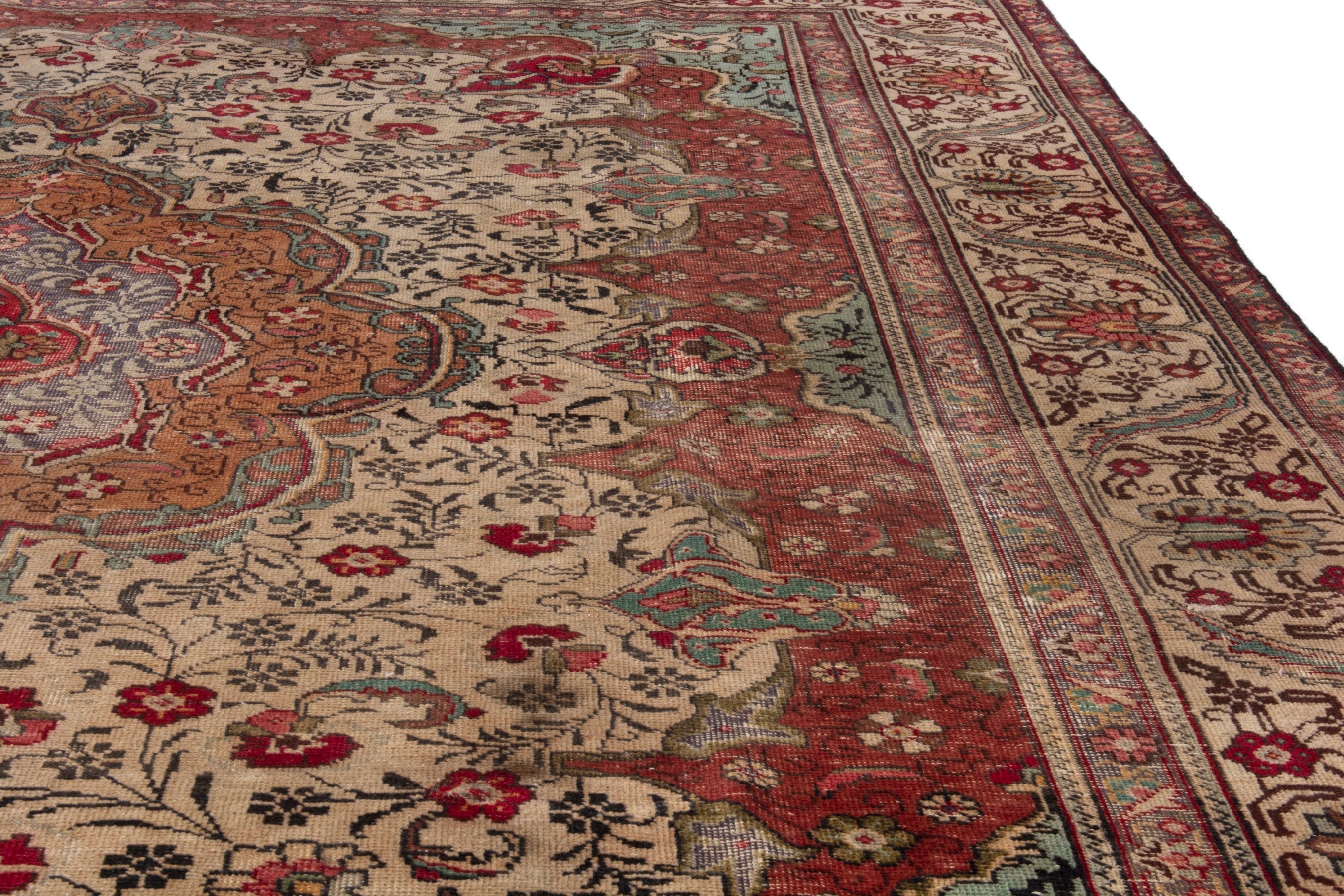 Persian Tabriz oversized rug in cream and burgundy, view 9 of 22