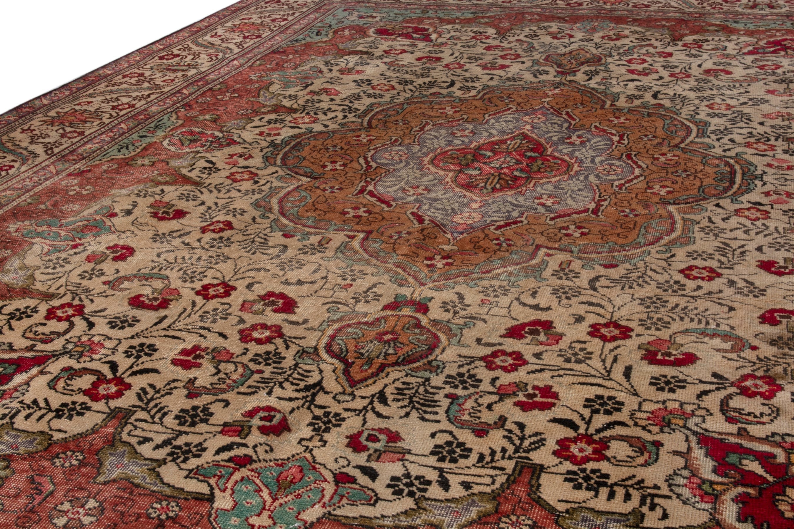 Persian Tabriz oversized rug in cream and burgundy, view 8 of 22