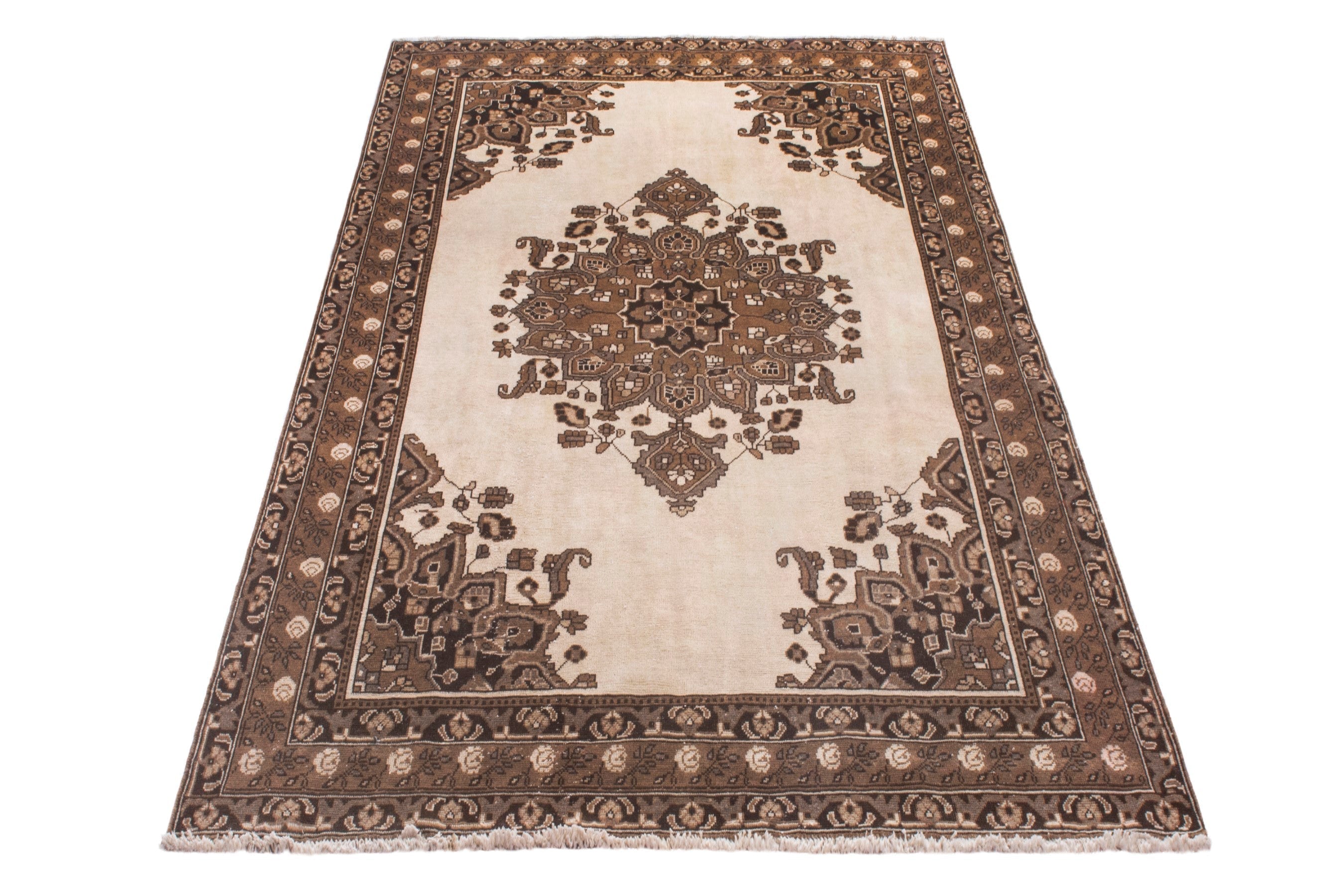 Persian Ferdos area rug in cream and brown, view 2 of 25