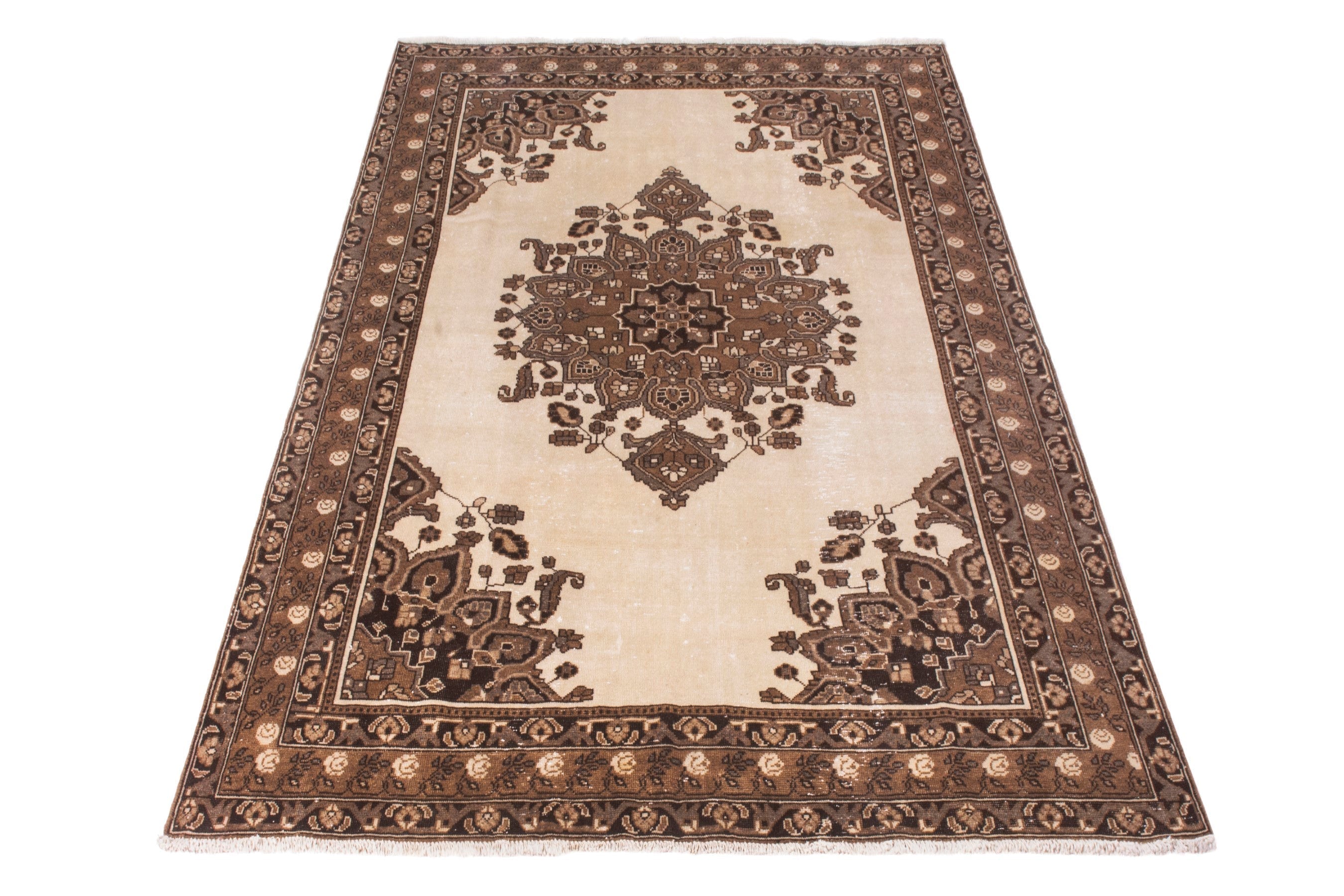 Persian Ferdos area rug in cream and brown, view 3 of 25