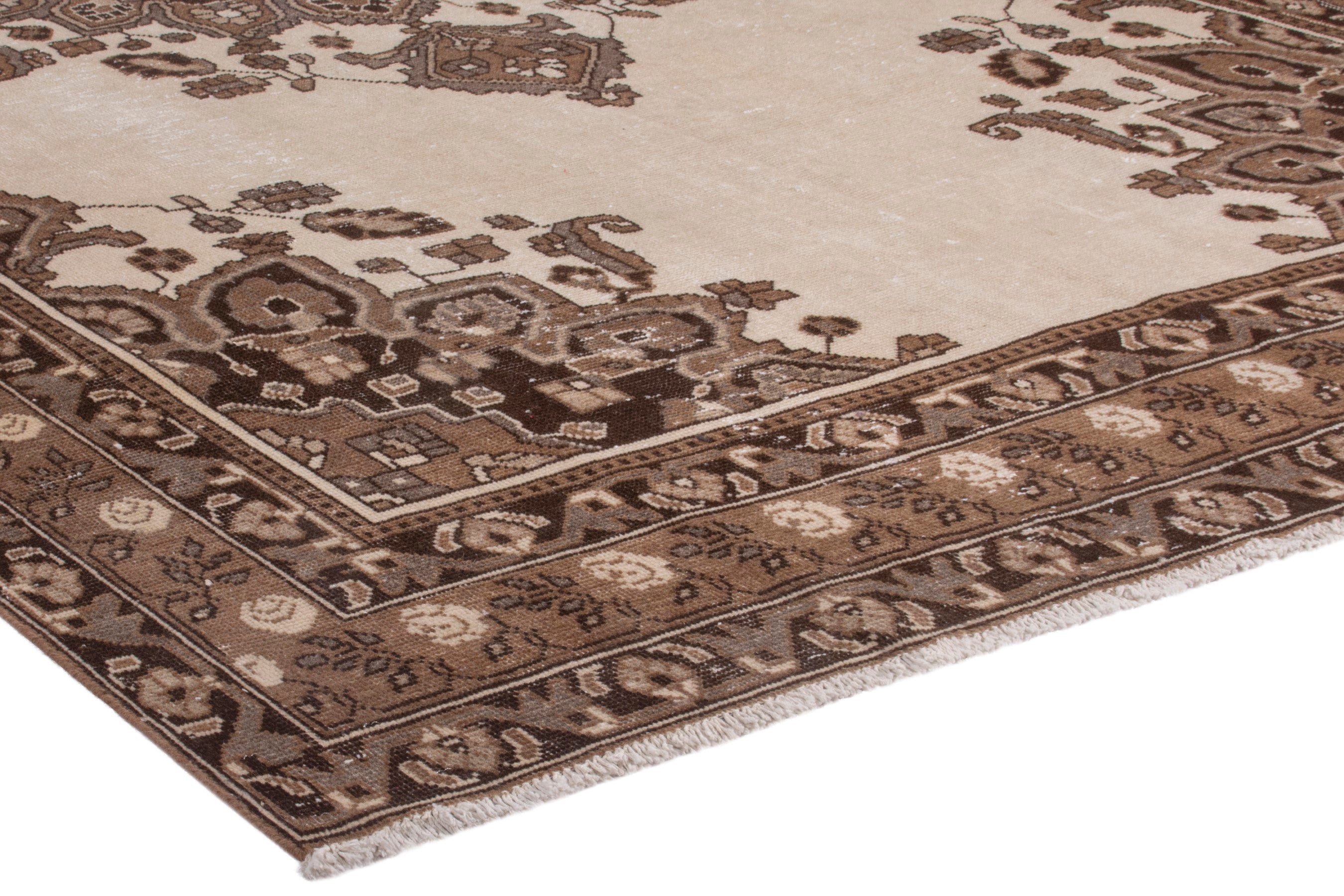 Persian Ferdos area rug in cream and brown, view 4 of 25