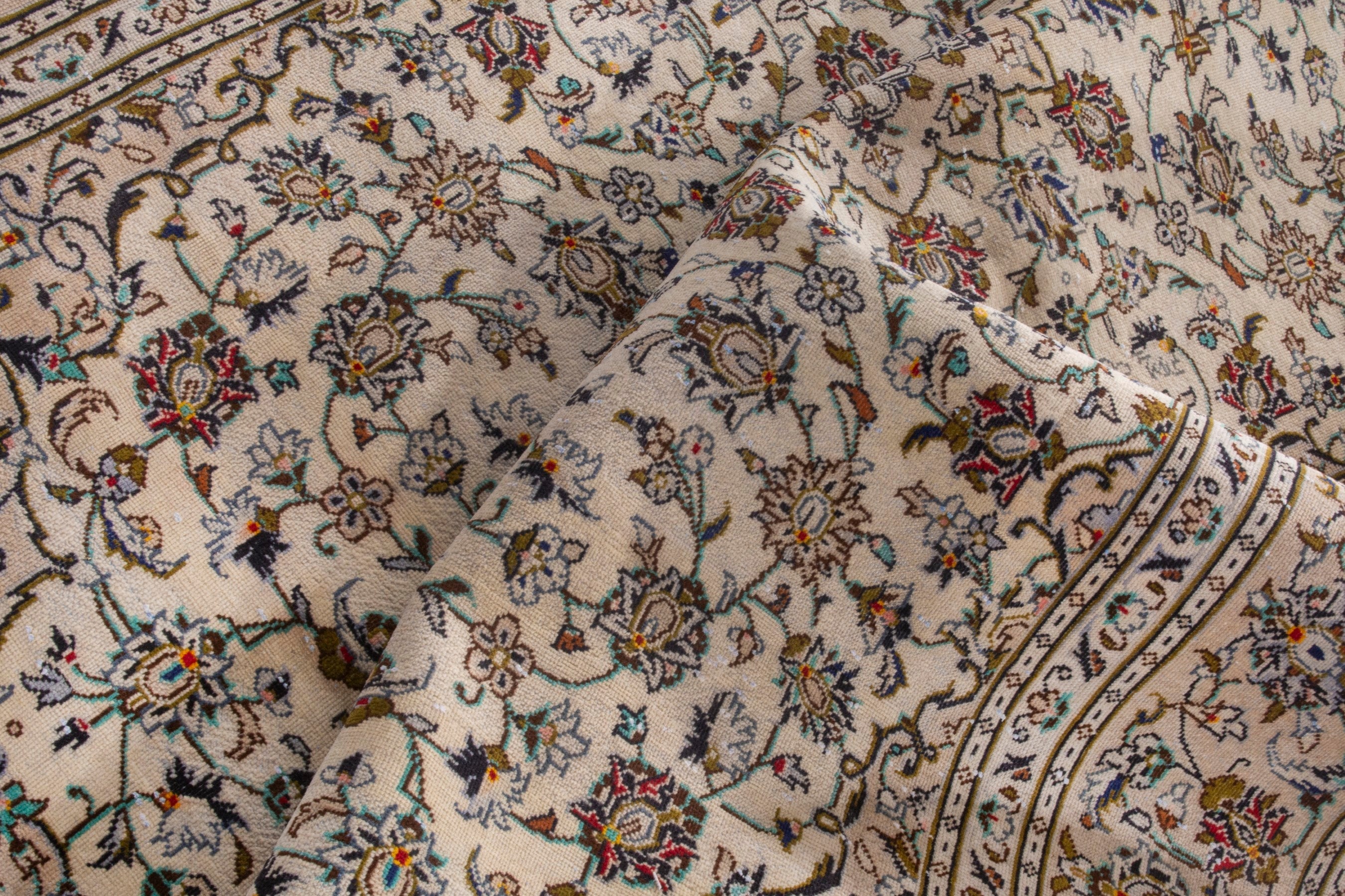 Persian Kashan area rug in cream and brown, view 17 of 22
