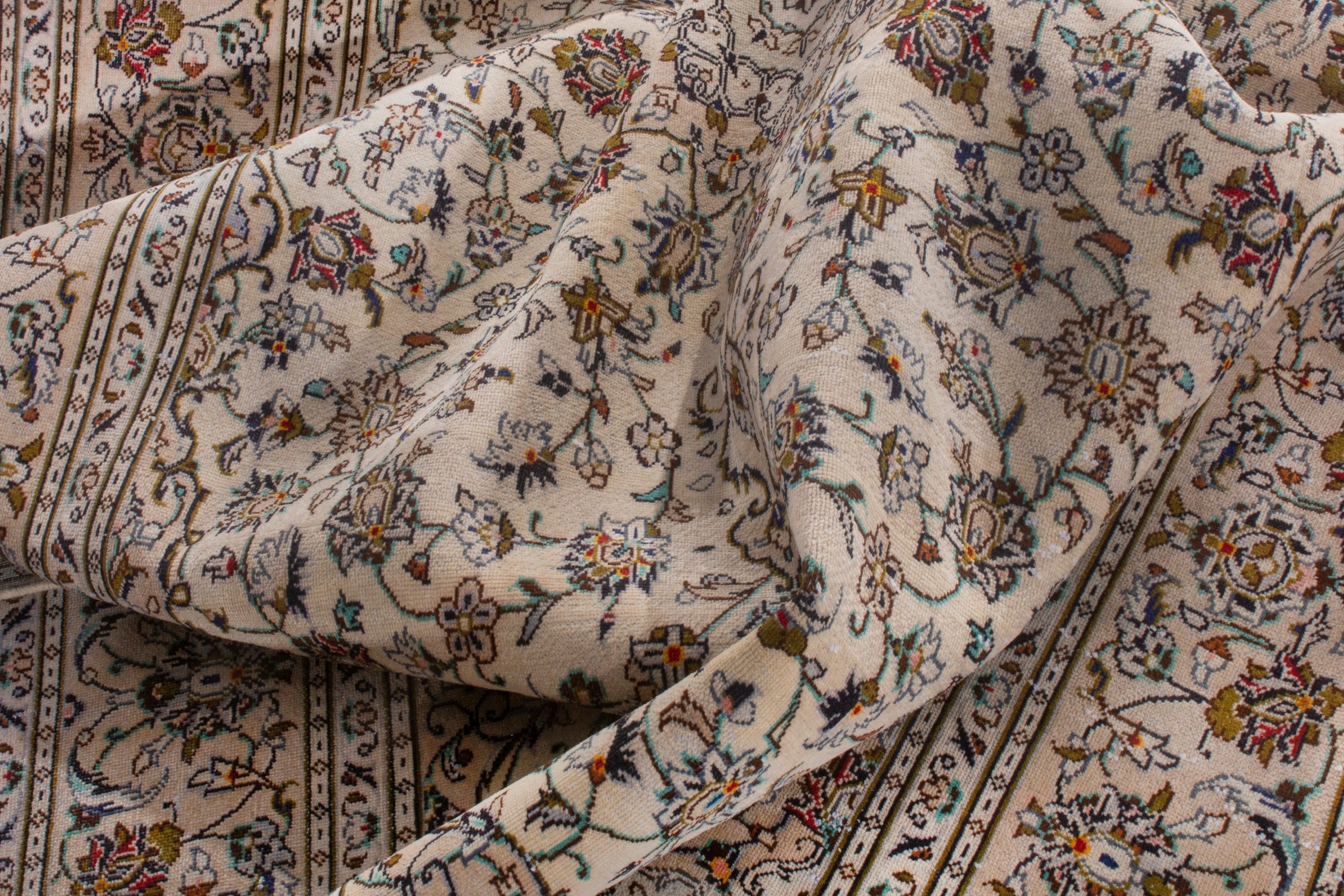 Persian Kashan area rug in cream and brown, view 21 of 22