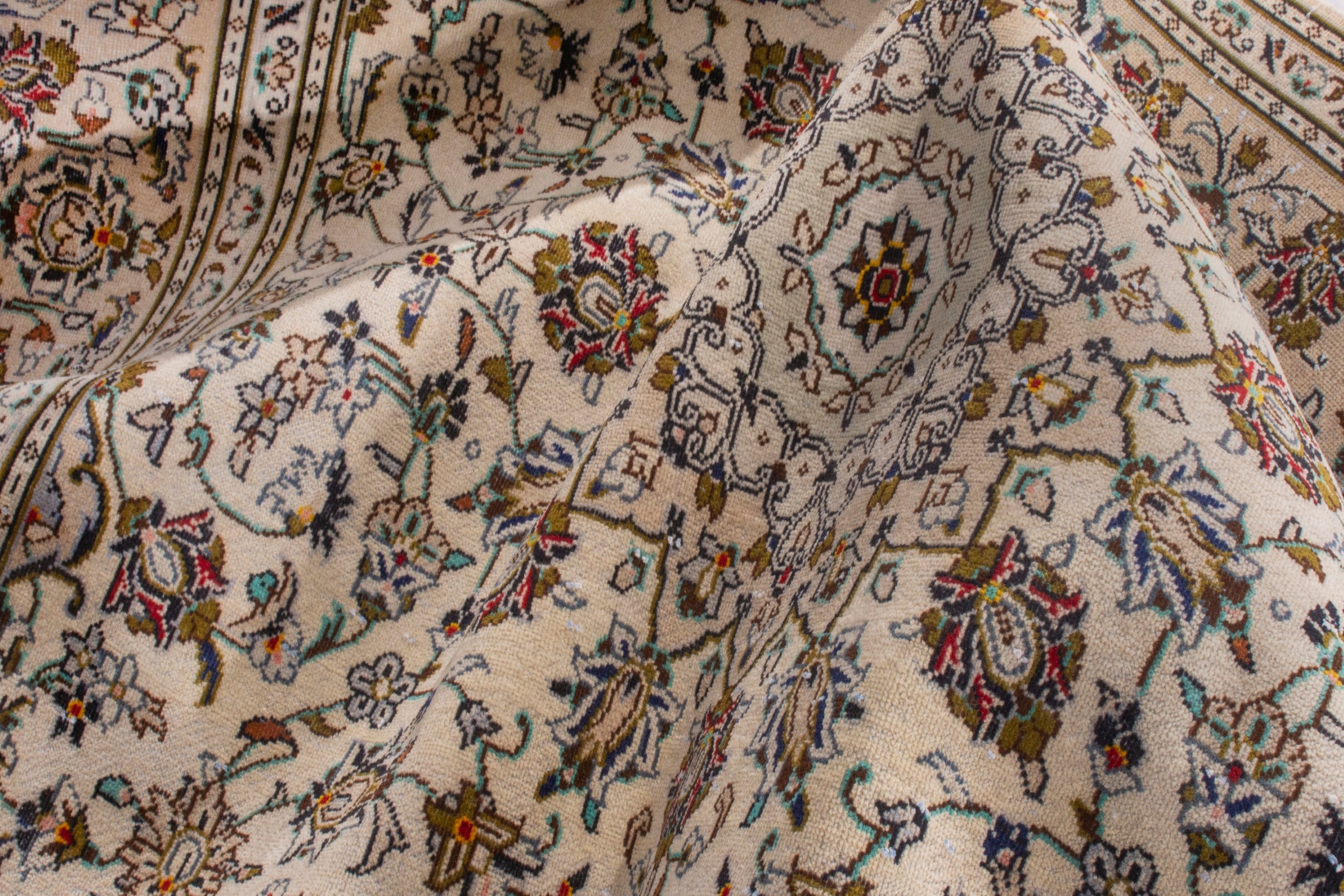 Persian Kashan area rug in cream and brown, view 18 of 22