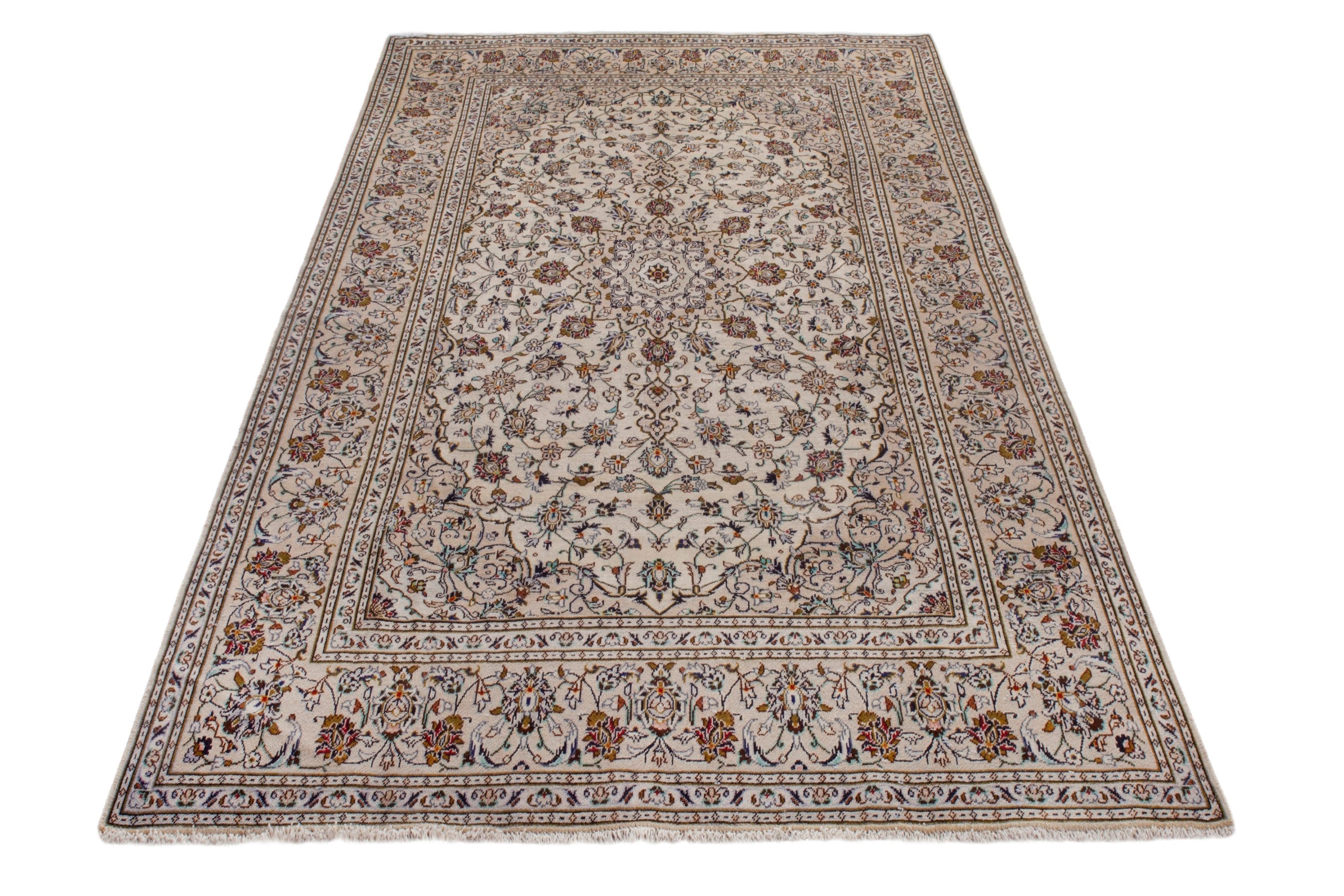 Persian Kashan area rug in cream and brown, view 2 of 22