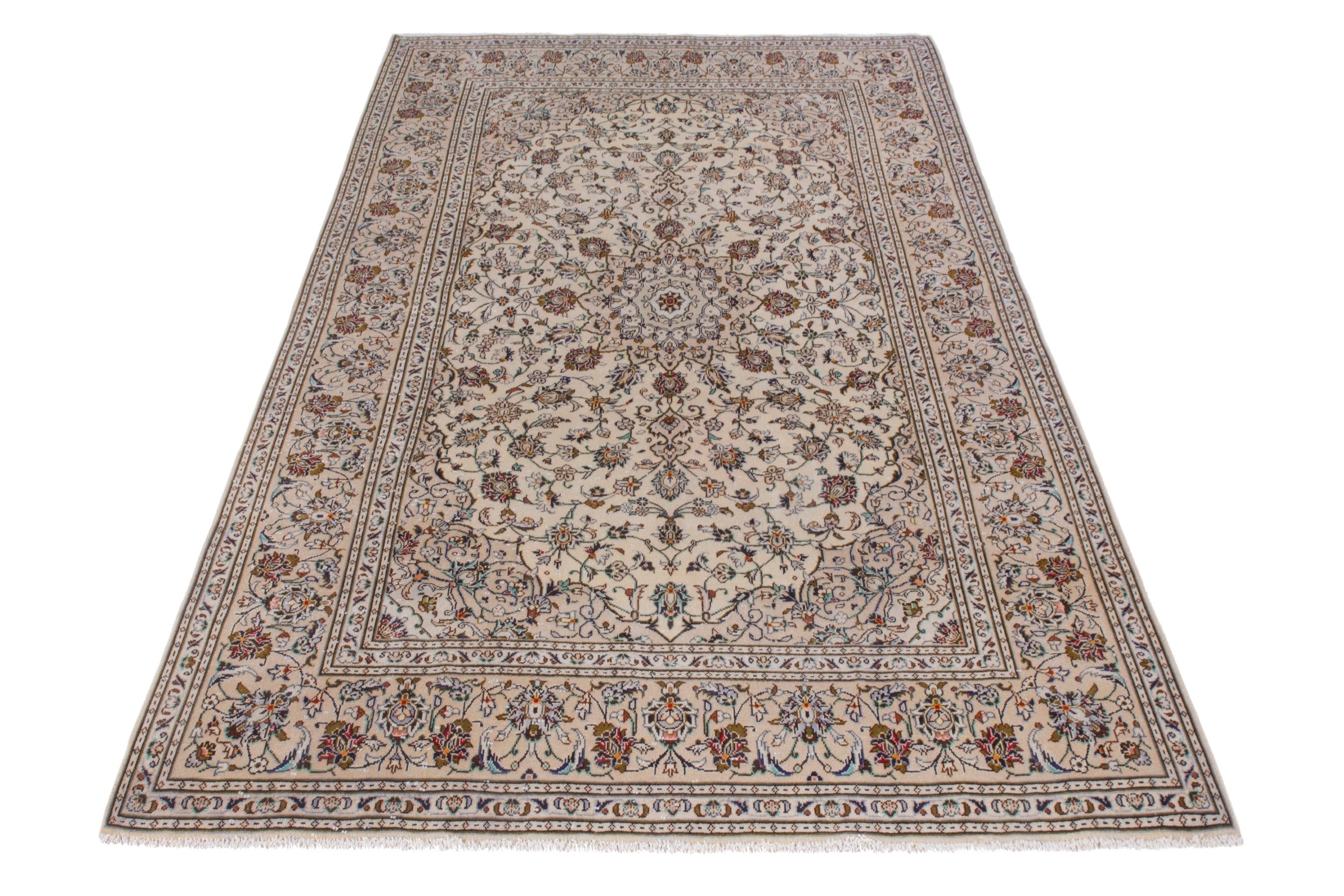 Persian Kashan area rug in cream and brown, view 3 of 22