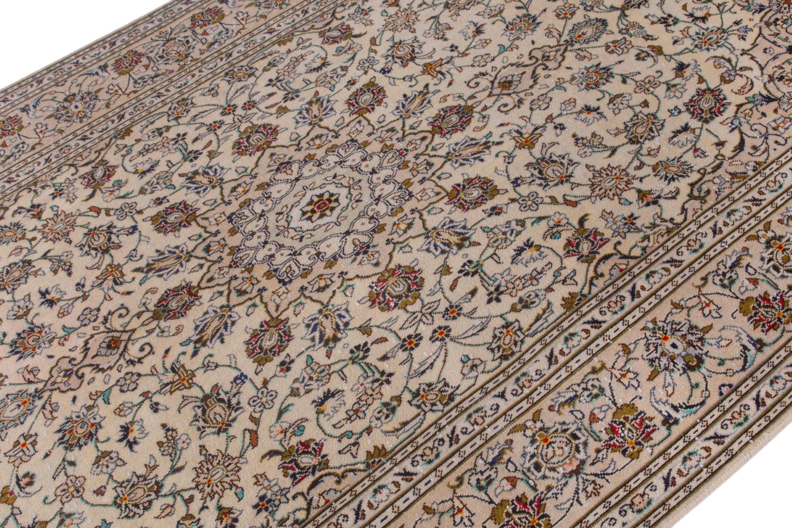Persian Kashan area rug in cream and brown, view 5 of 22
