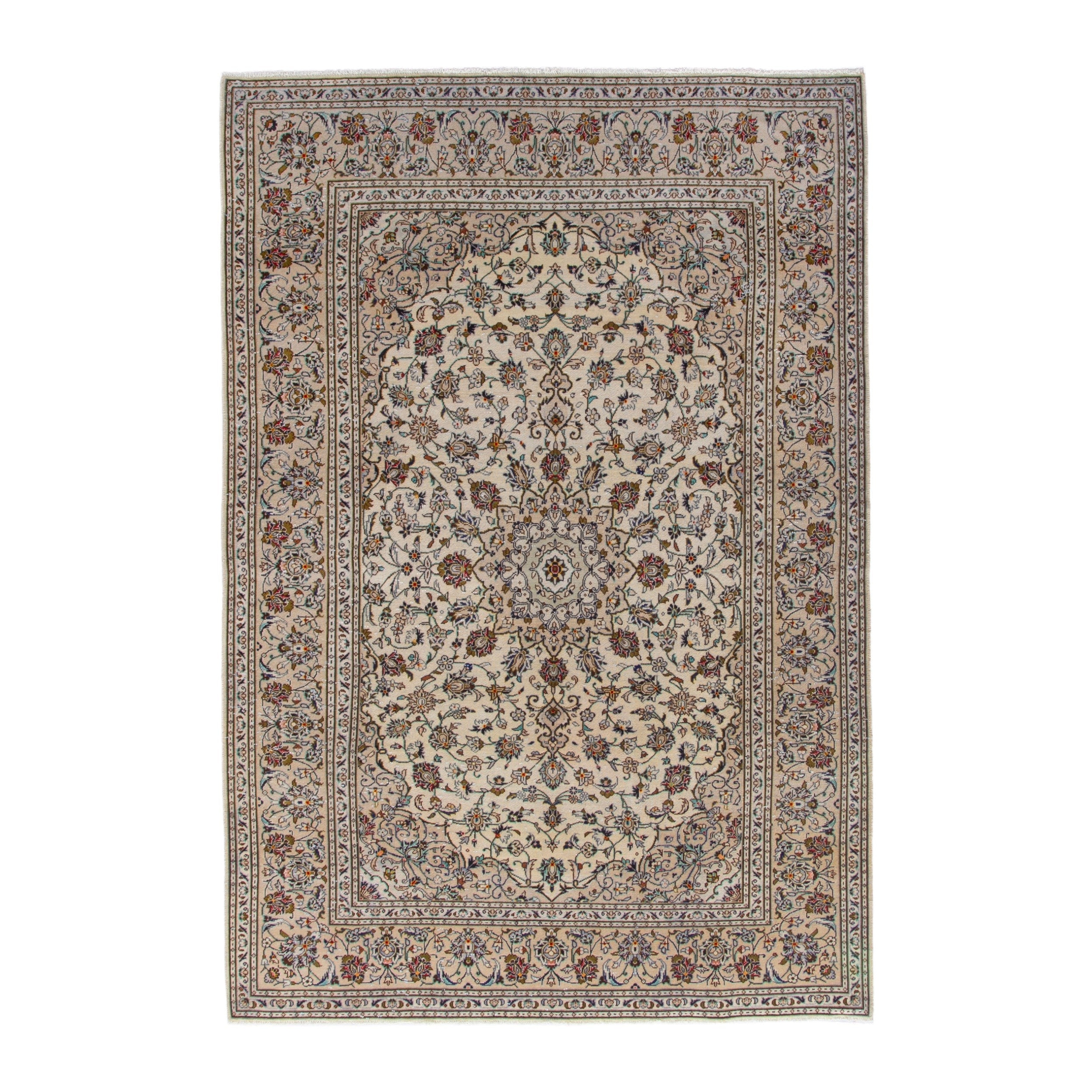 Persian Kashan area rug in cream and brown, 6'6" x 9'9"
