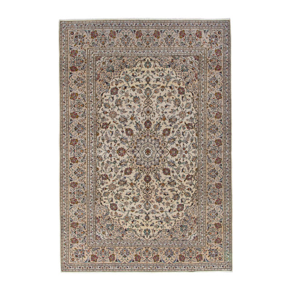 Persian Kashan area rug in cream and brown, 6'6" x 9'9"