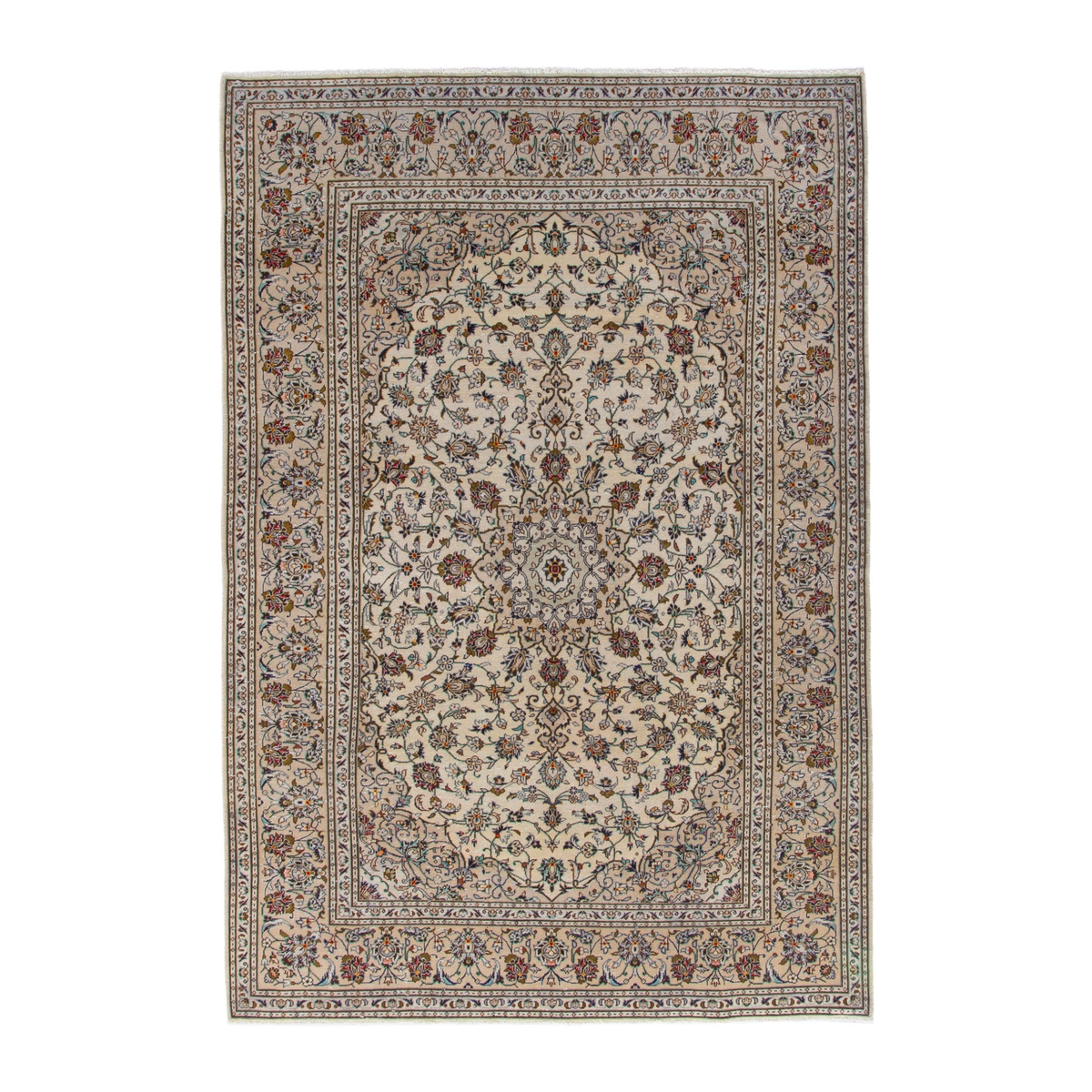Persian Kashan area rug in cream and brown, 6'6" x 9'9"