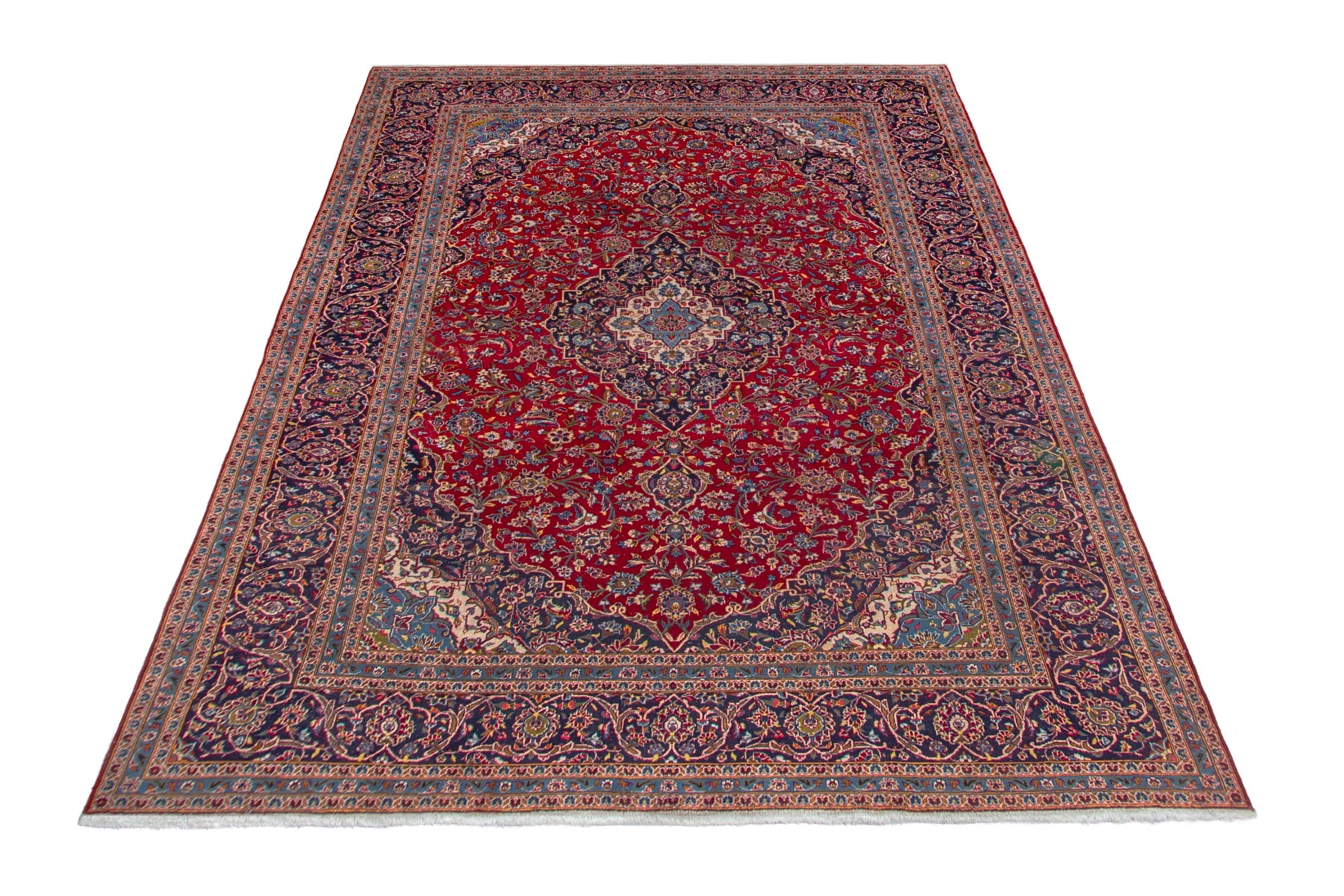Persian Kashan oversized rug in deep red and navy, view 2 of 20