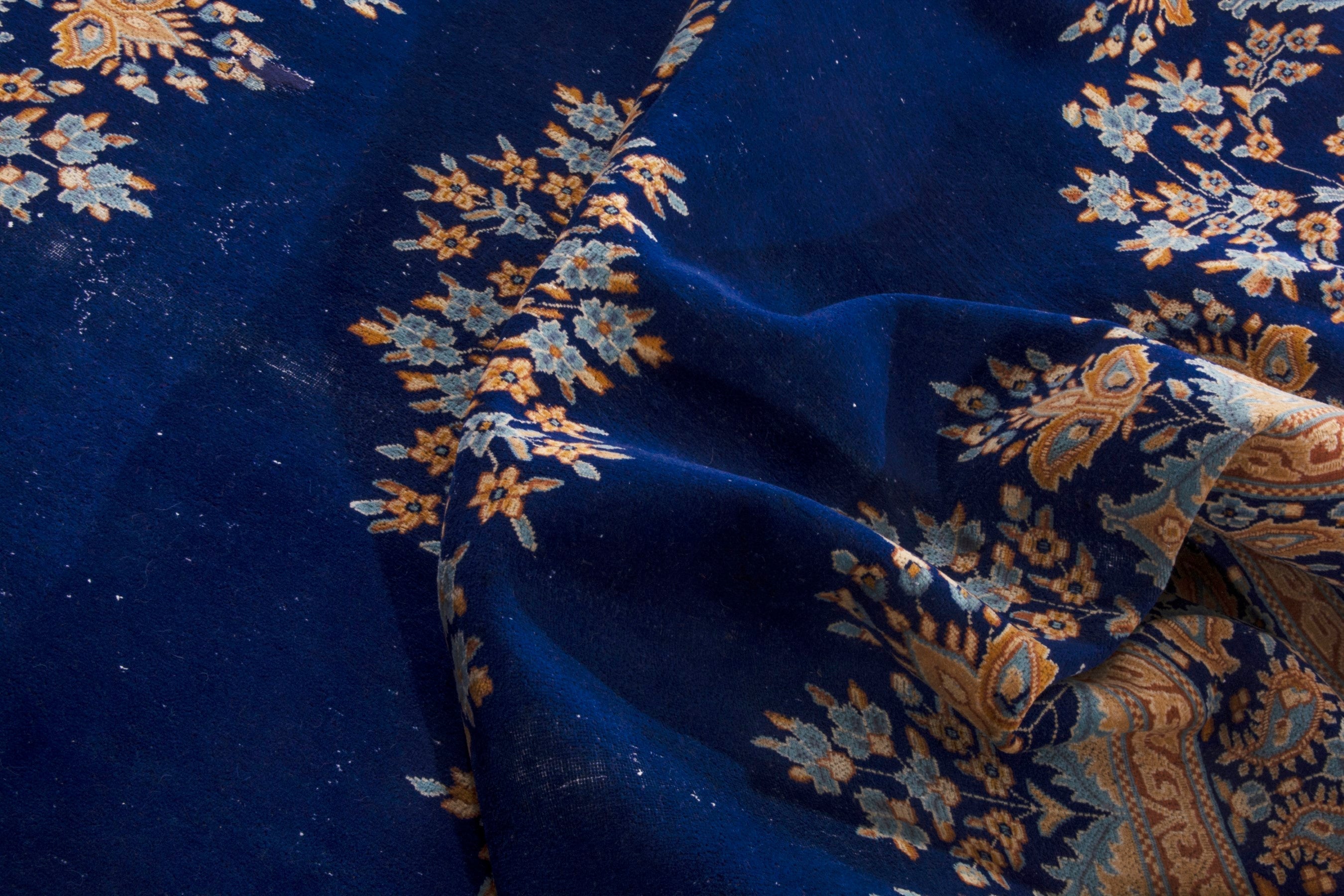 Persian Kerman oversized rug in navy and antique gold, view 19 of 26