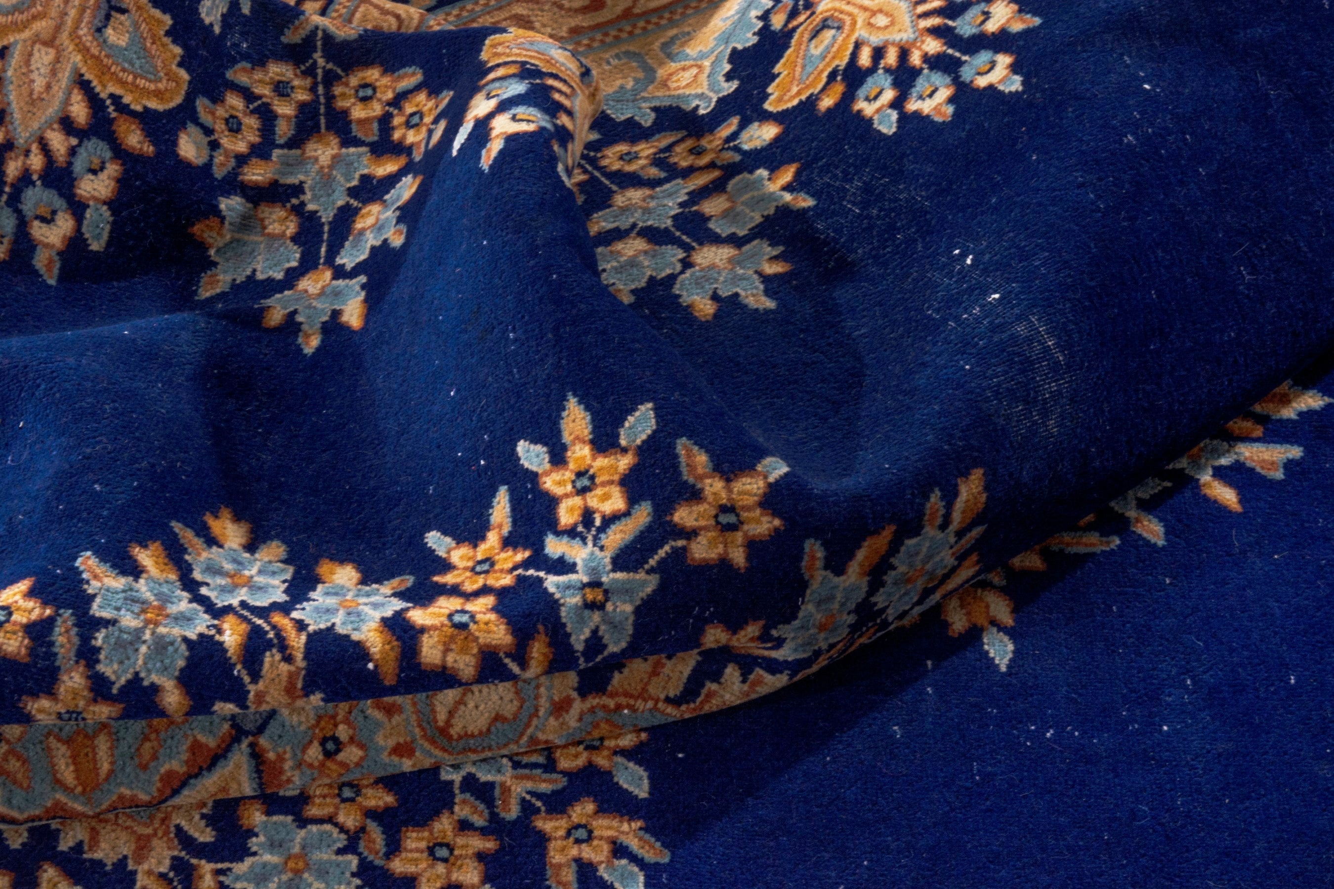 Persian Kerman oversized rug in navy and antique gold, view 21 of 26