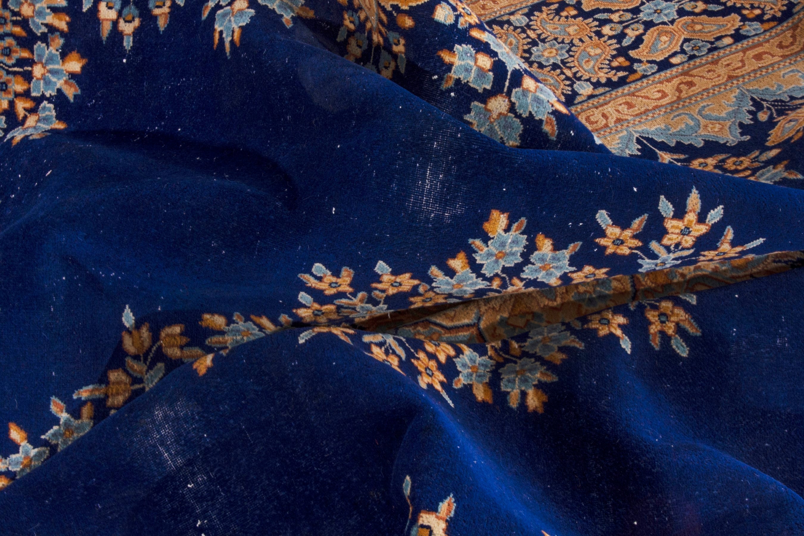 Persian Kerman oversized rug in navy and antique gold, view 23 of 26