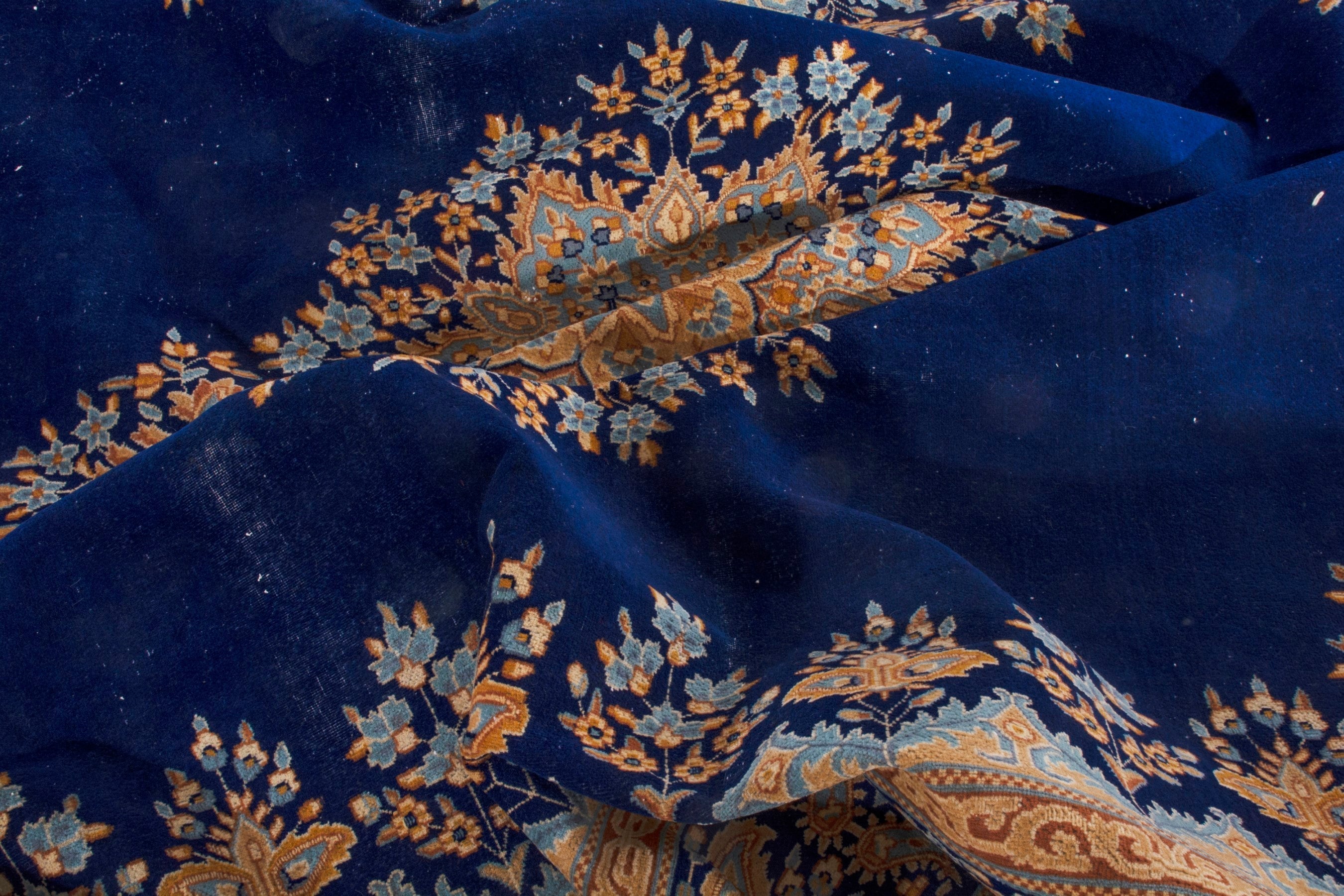 Persian Kerman oversized rug in navy and antique gold, view 24 of 26