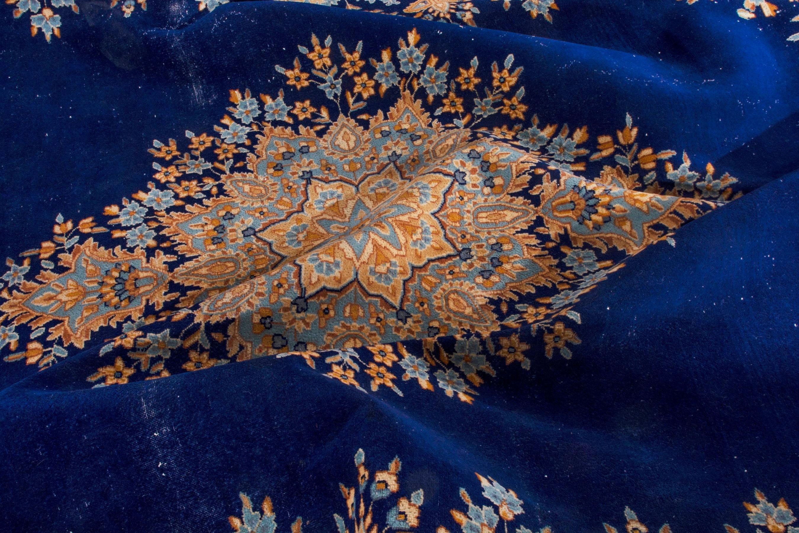 Persian Kerman oversized rug in navy and antique gold, view 25 of 26