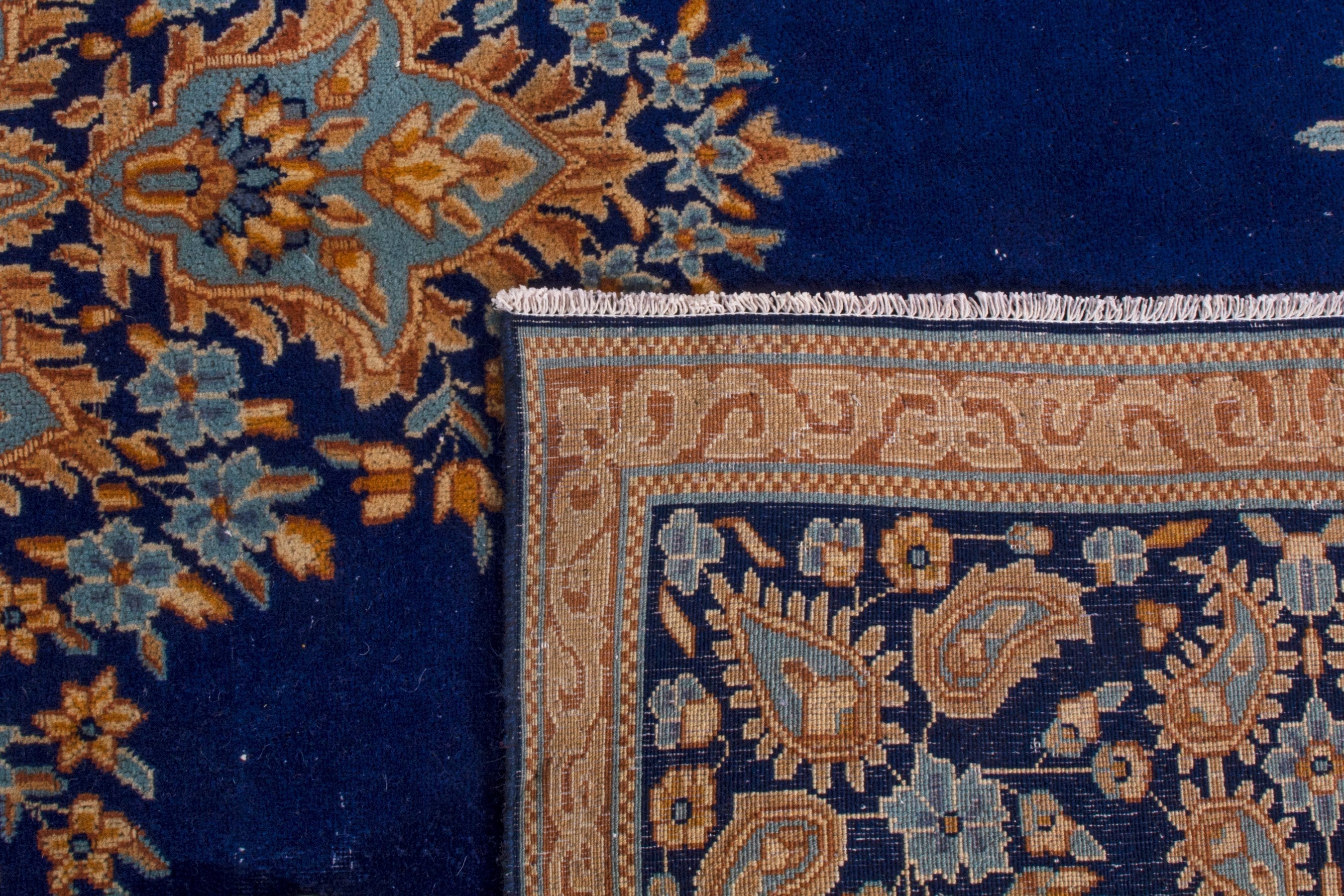 Persian Kerman oversized rug in navy and antique gold, view 26 of 26