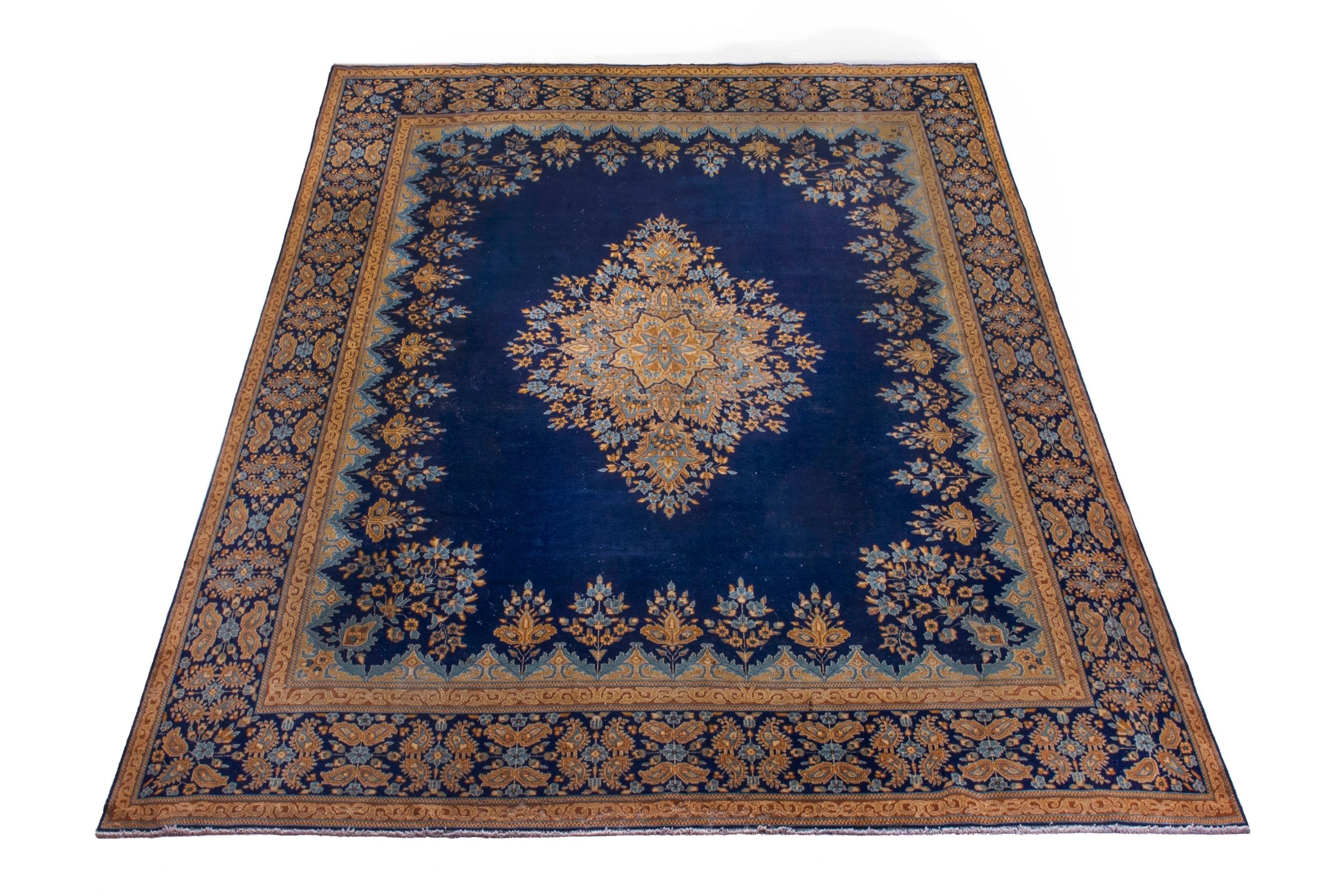Persian Kerman oversized rug in navy and antique gold, view 2 of 26