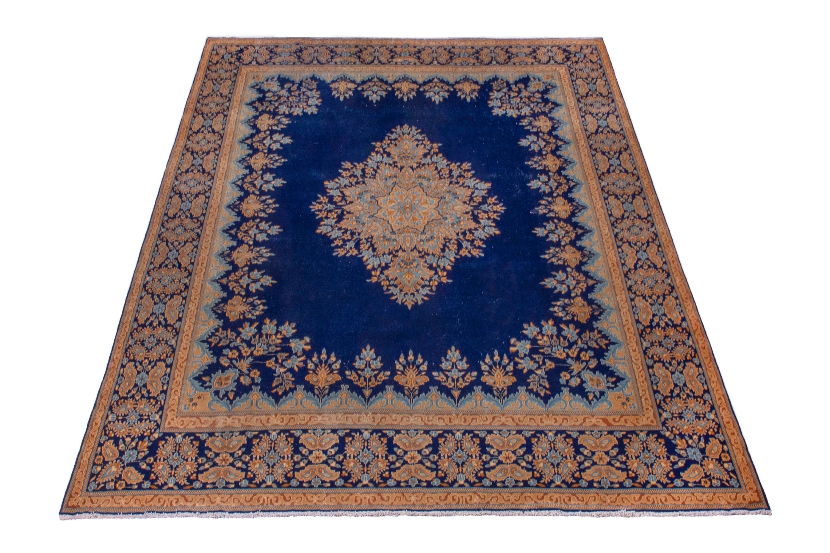Persian Kerman oversized rug in navy and antique gold, view 3 of 26