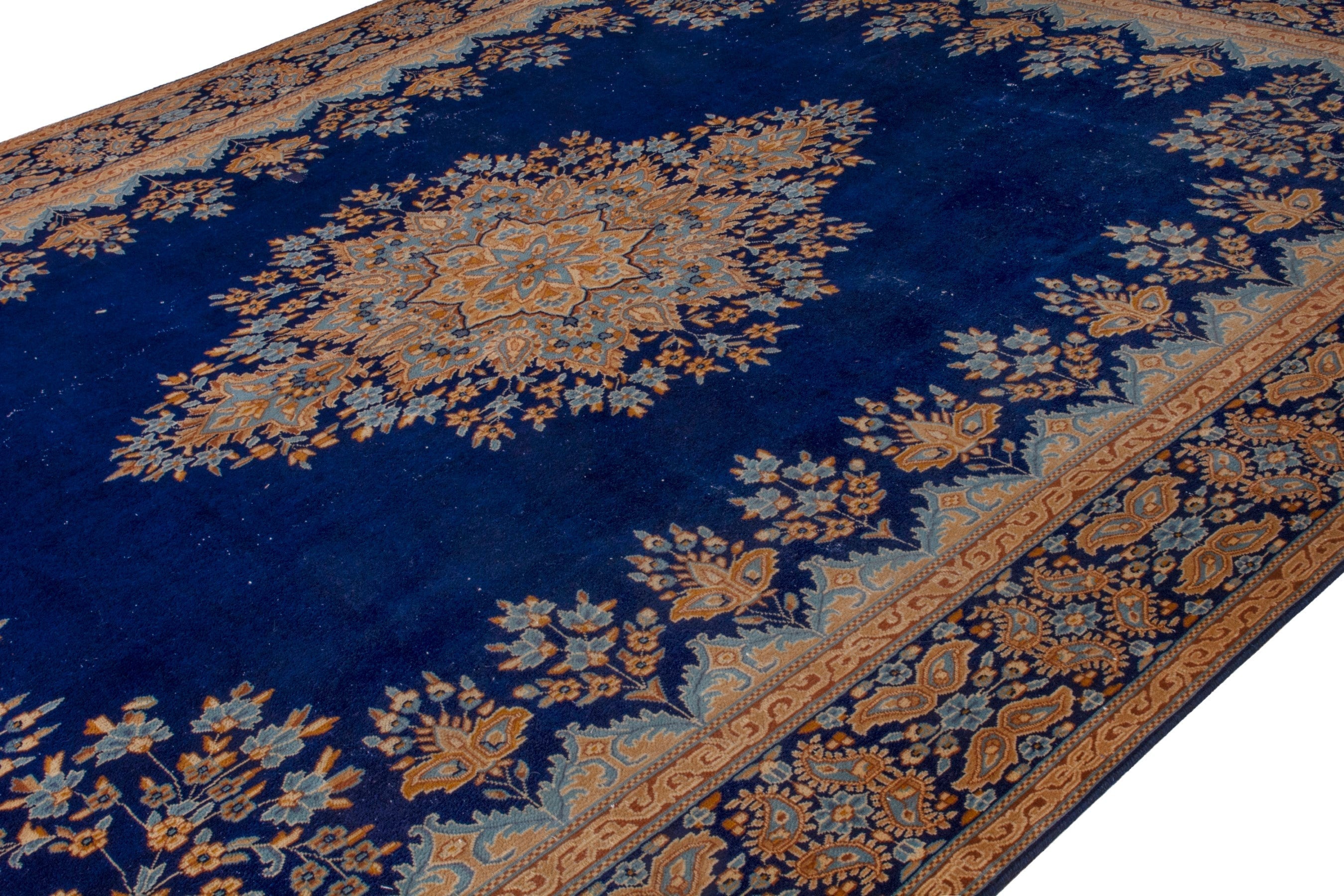 Persian Kerman oversized rug in navy and antique gold, view 5 of 26