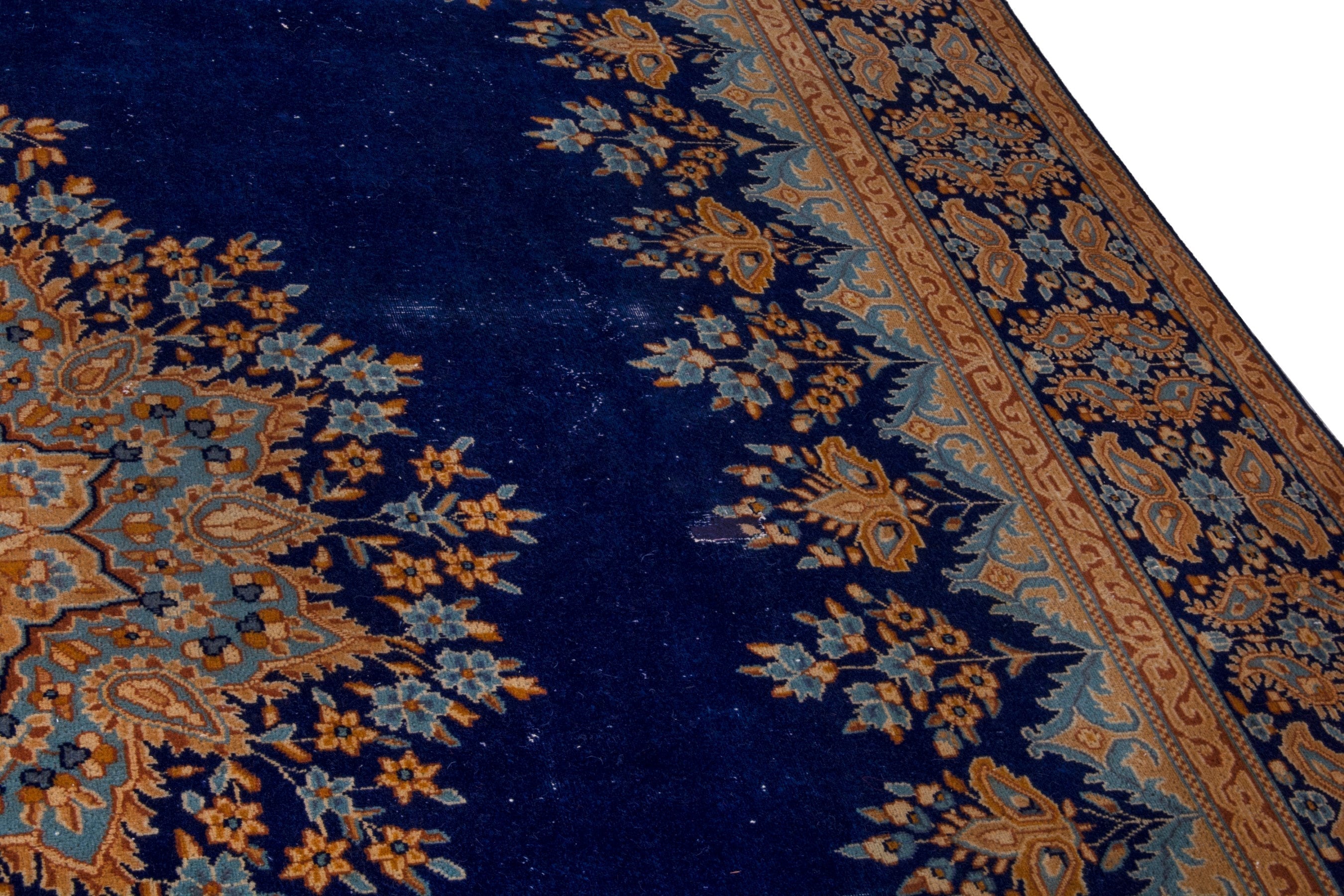 Persian Kerman oversized rug in navy and antique gold, view 7 of 26