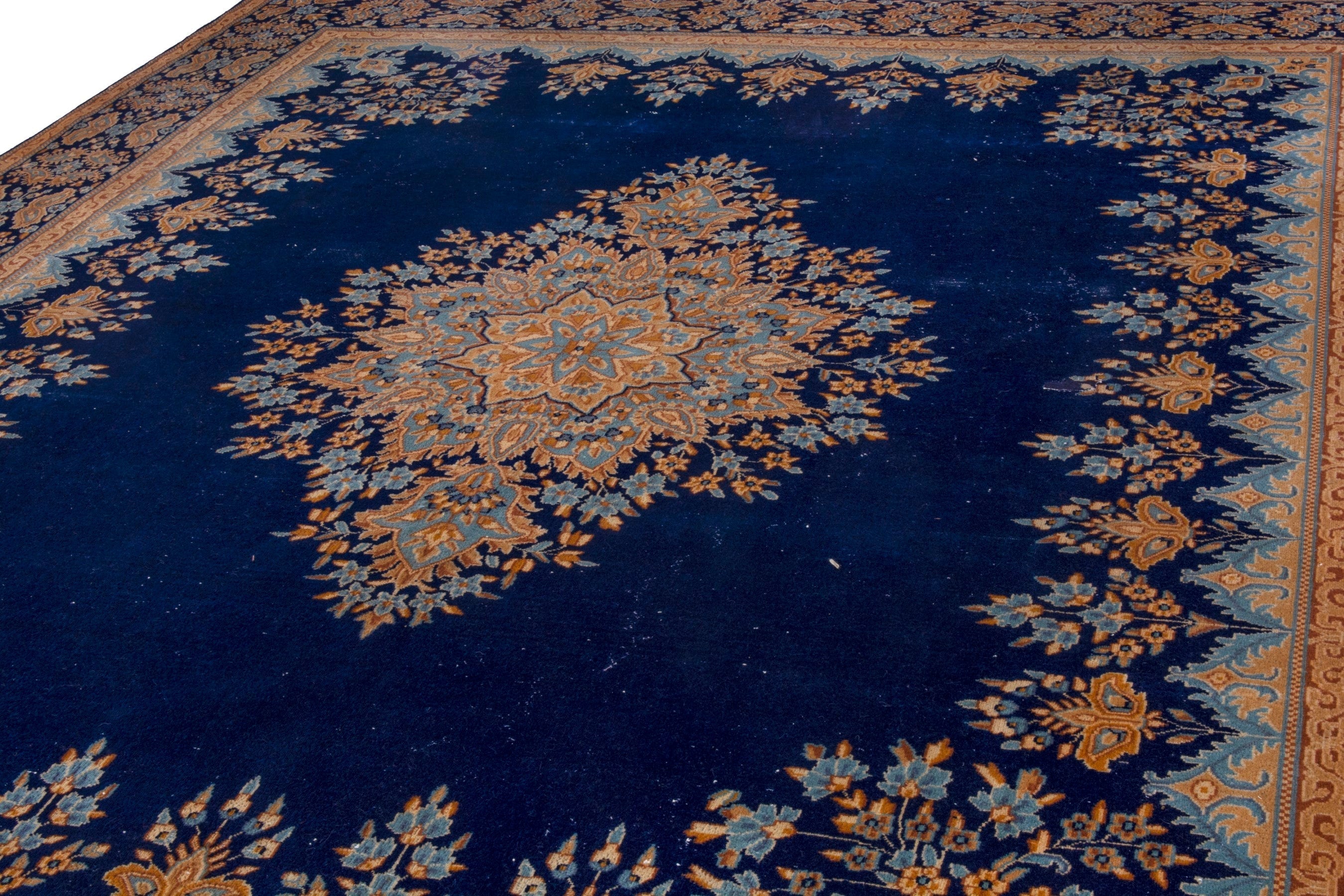 Persian Kerman oversized rug in navy and antique gold, view 8 of 26