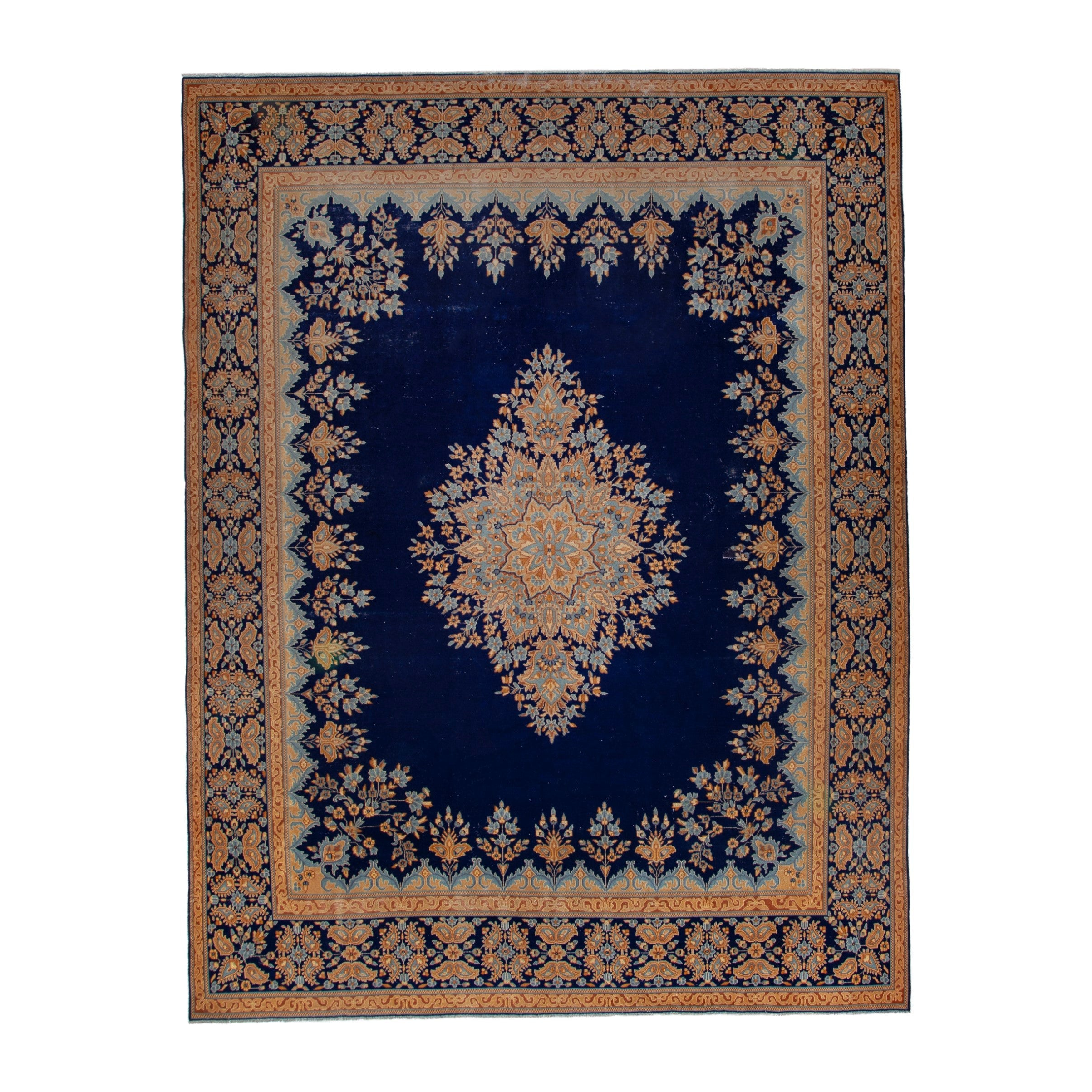 Persian Kerman oversized rug in navy and antique gold, 10' x 13'3"