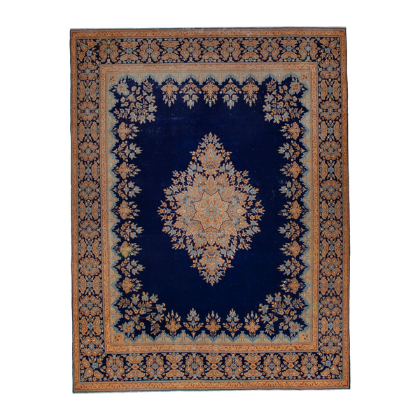 Persian Kerman oversized rug in navy and antique gold, 10' x 13'3"