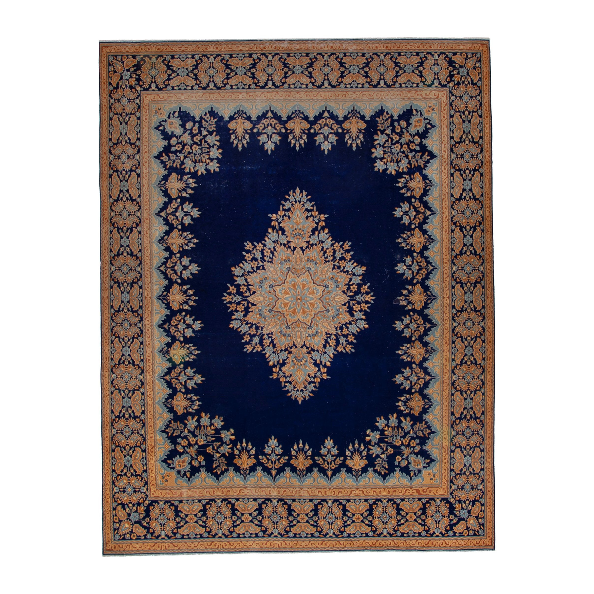 Persian Kerman oversized rug in navy and antique gold, 10' x 13'3"