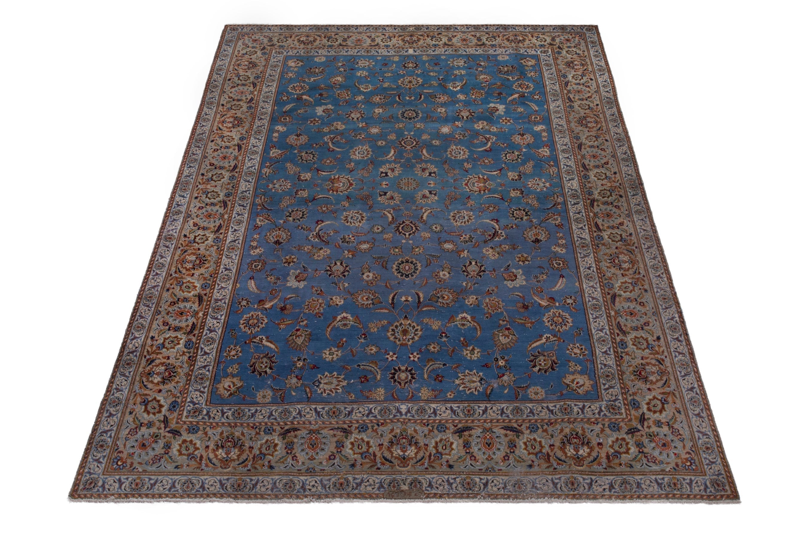 Persian Kashan oversized rug in blue and brown, view 2 of 23