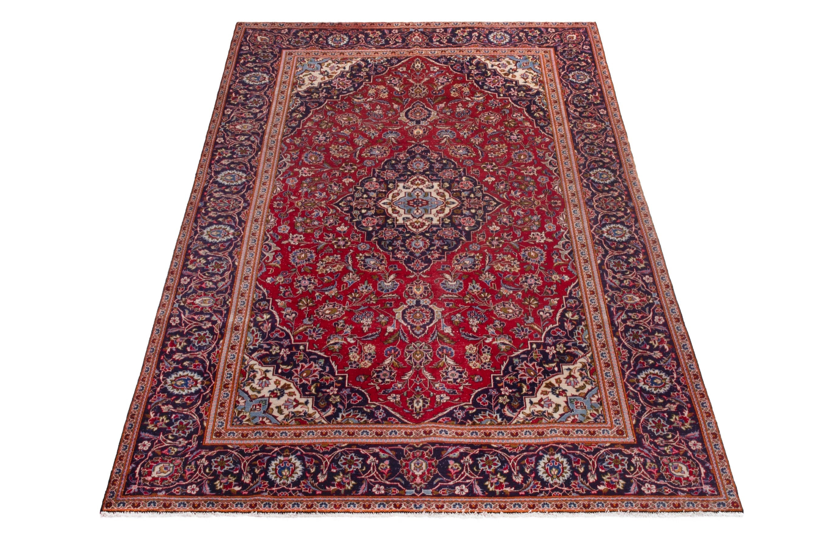 Persian Kashan oversized rug in deep red and navy, view 2 of 20