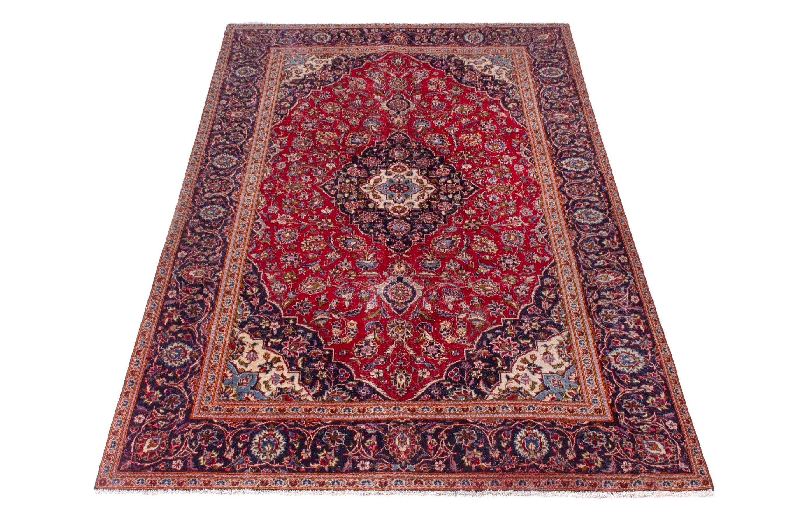 Persian Kashan oversized rug in deep red and navy, view 3 of 20