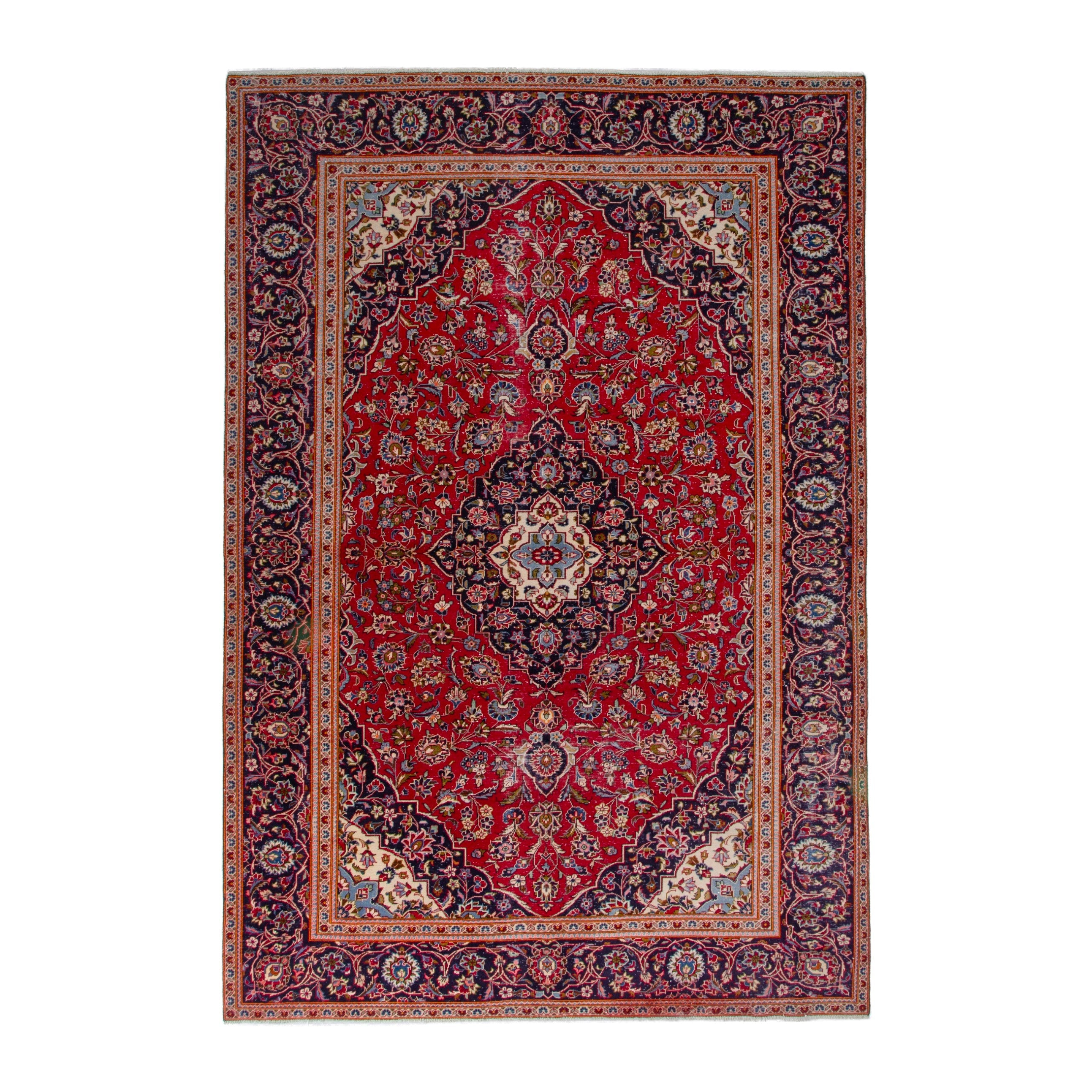 Persian Kashan oversized rug in deep red and navy, 7'10" x 11'10"