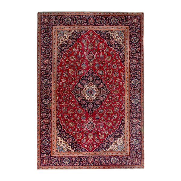 Persian Kashan oversized rug in deep red and navy, 7'10" x 11'10"