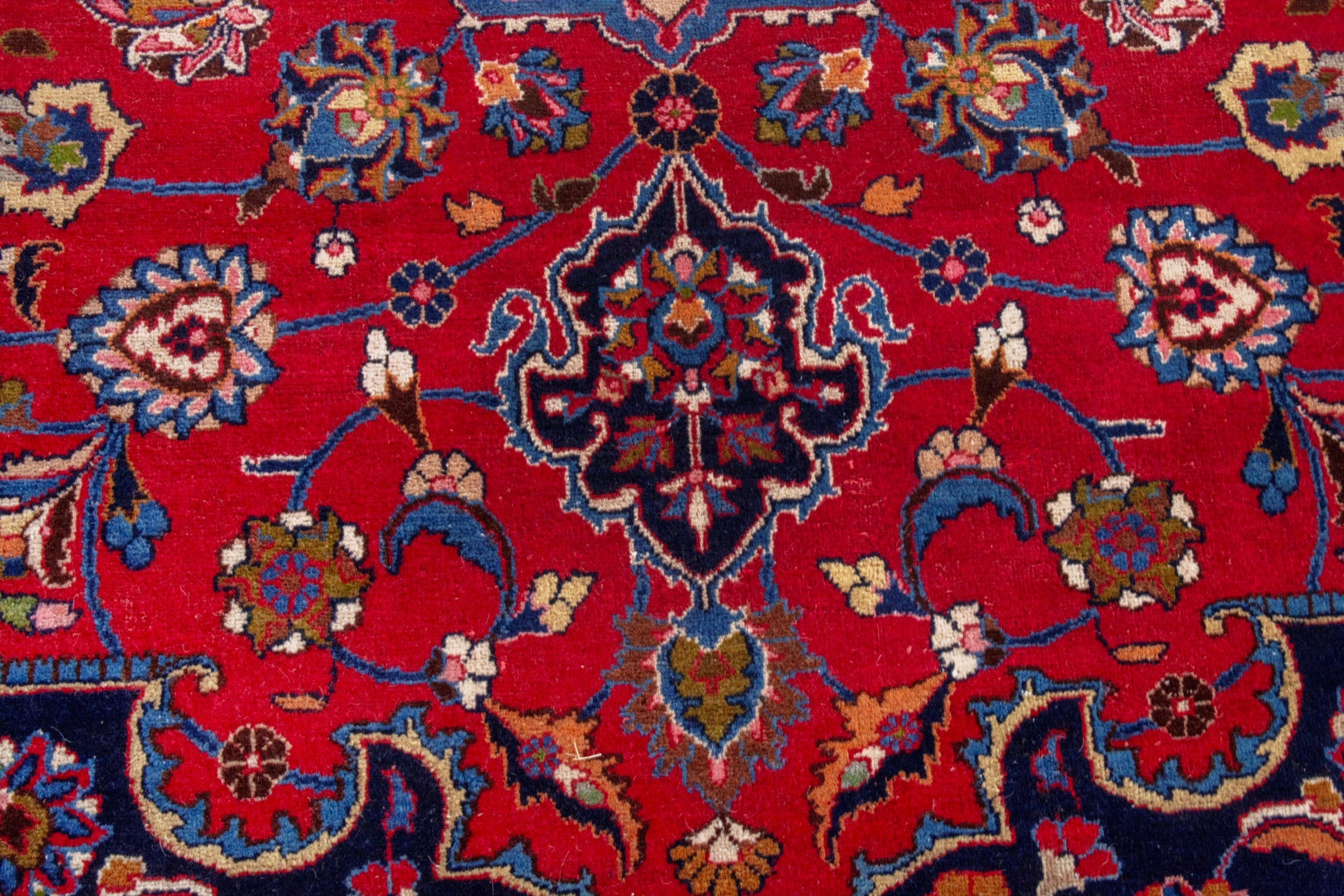 Persian Mashhad oversized rug in deep red and dark blue, view 14 of 22